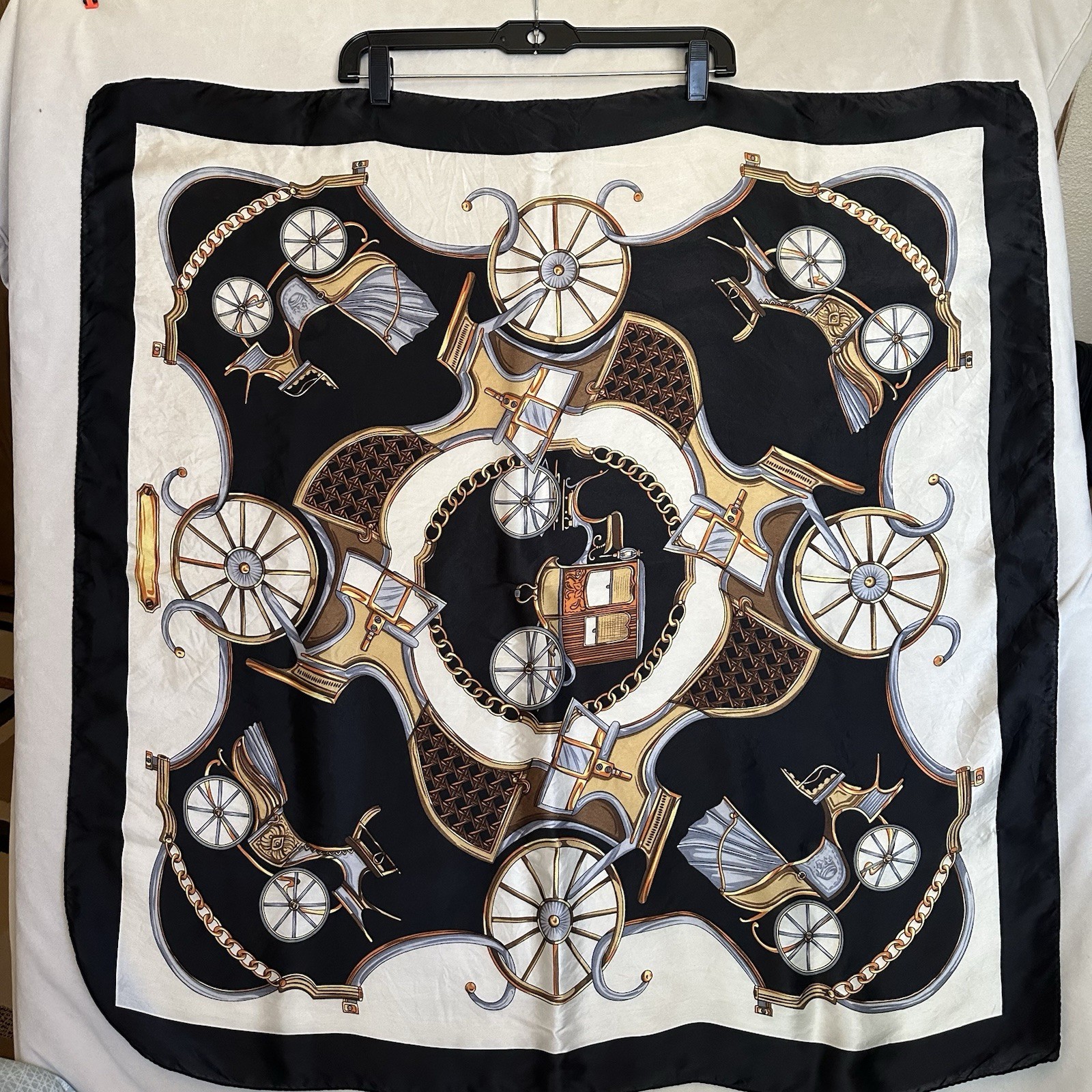 Vintage 100% Silk Carriage Wheel Equestrian Square Scarf Black Ivory Gold 34×34”