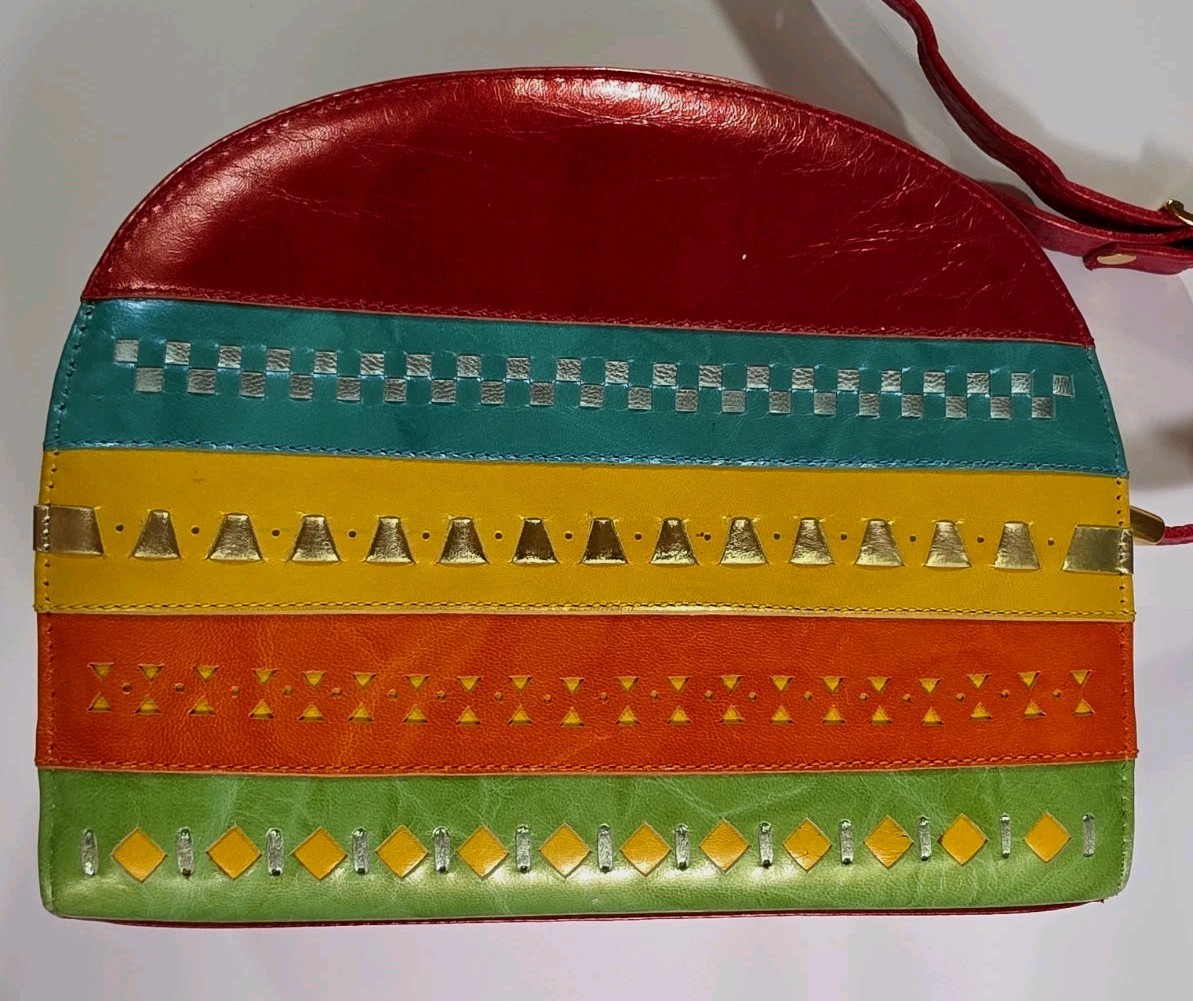 Vintage 80s Margaret Jerrold Leather Crossbody Bag Rainbow Color Block Spain