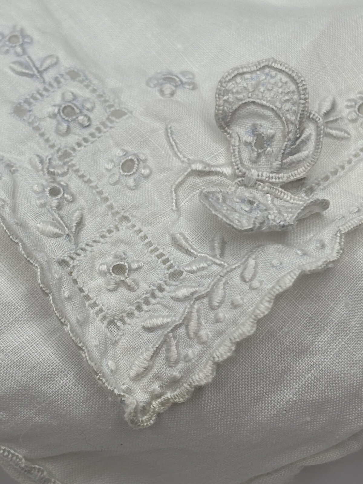 Vintage handkerchief white 3D butterfly 10.5x 11 Cotton Wedding Hankie