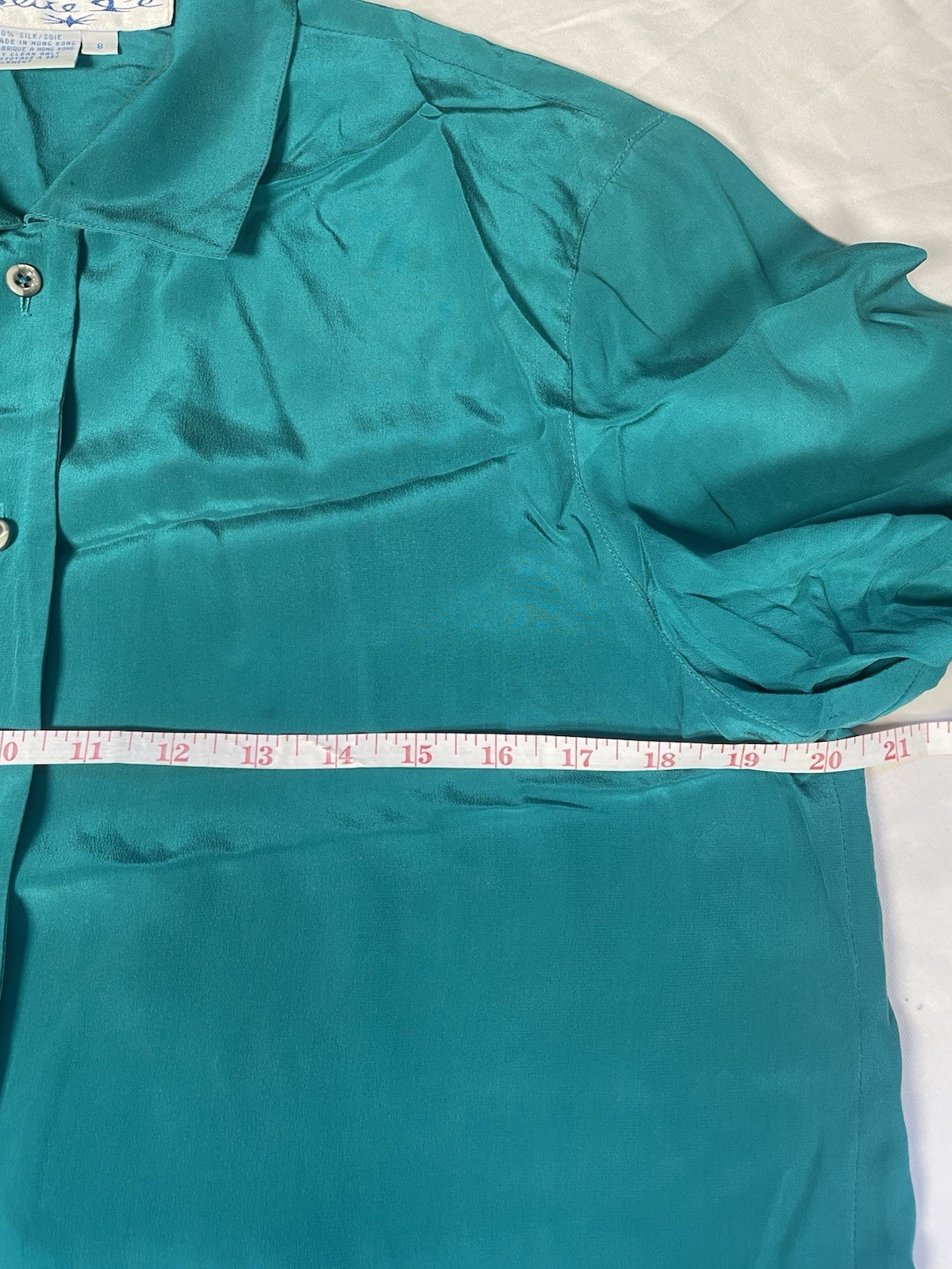 Vintage 80s/90s Blue Ice 100% Silk Blouse Size 8 Teal Pointed Collar Button Down