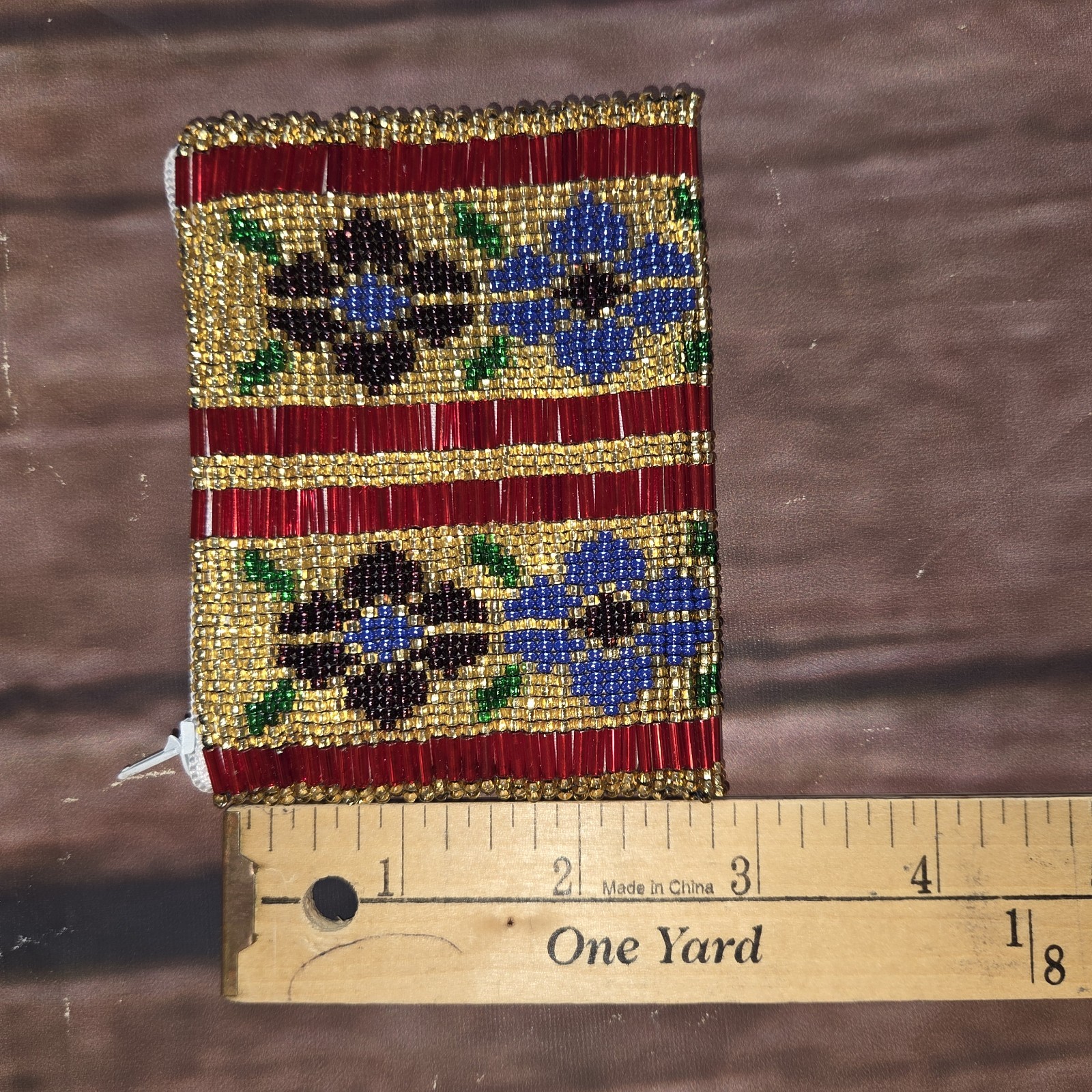 Beaded Coin Change Purse Zippered Floral Handmade Lined 4×3 Artisan Boho