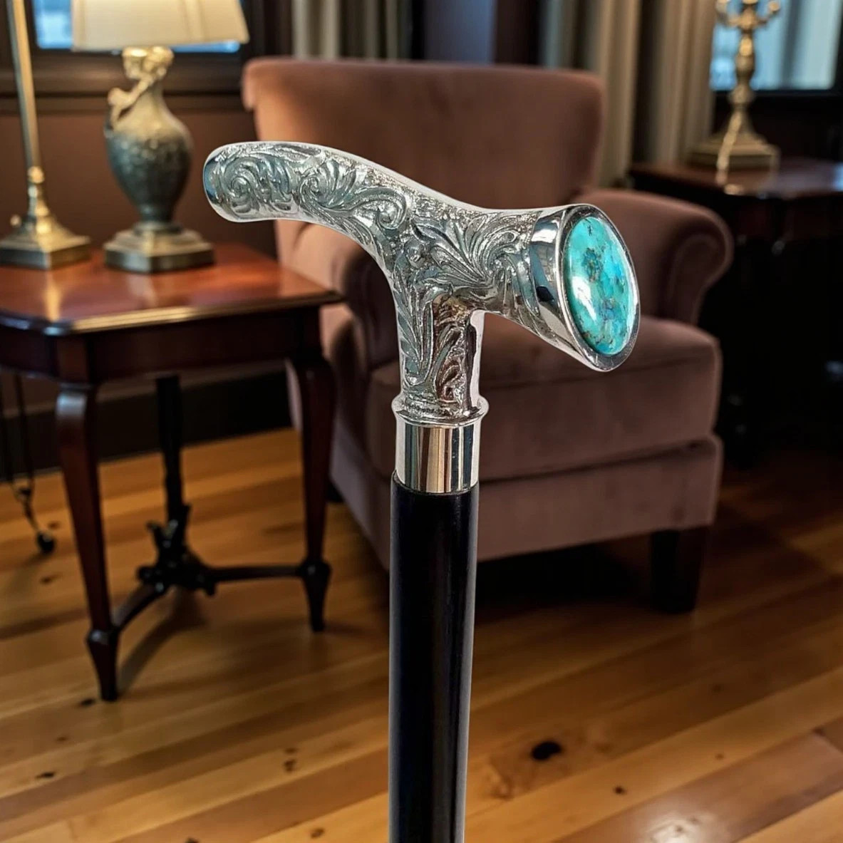 Blue Stone Handle Brass Walking Cane Handmade Gentleman Travel Gift Stick