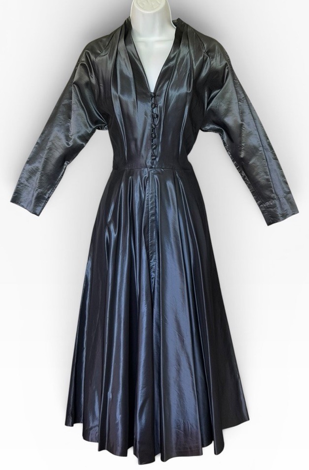 Vtg 40s Saks Fifth Avenue B Cohen Taffeta Party Dress XS Gray Pleat Metal Zip