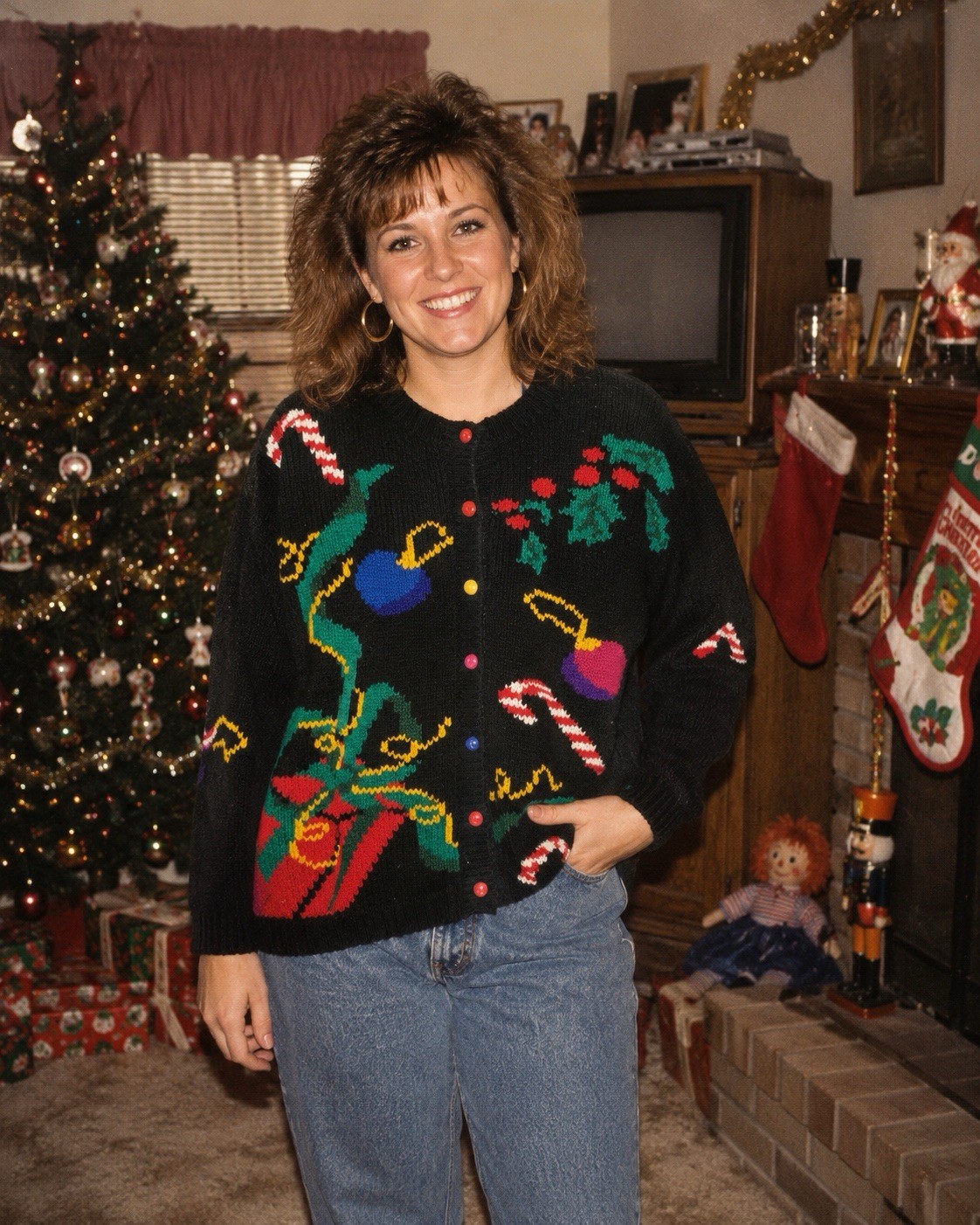 VTG Karen Scott Black Ugly Christmas Sweater Cardigan Holiday Gift Candy M READ