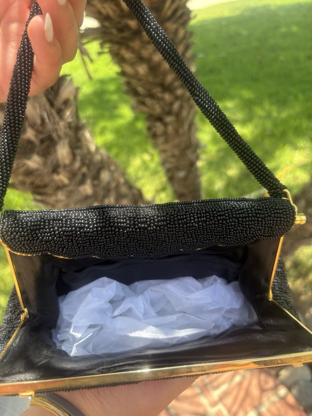 Vintage Black Beaded Handbag With Floral Needlepoint Design