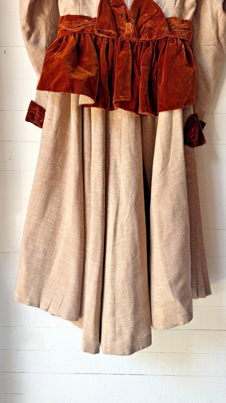 Vintage Edwardian 2 piece bodice and skirt high collar slub silk velvet trim