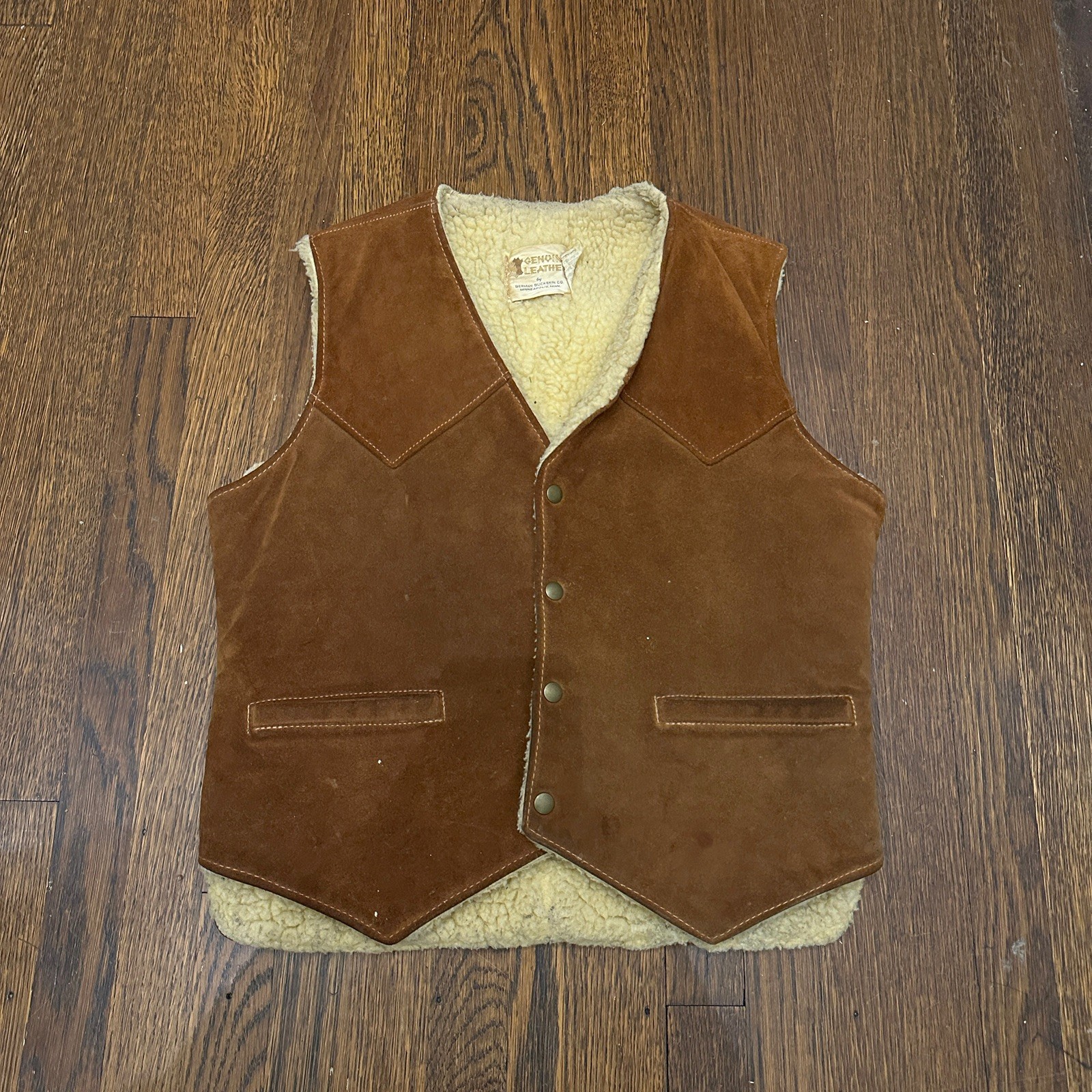 Vintage 60s Berman Buckskin Co. Genuine Leather Size 42 Vest Sherpa Lined