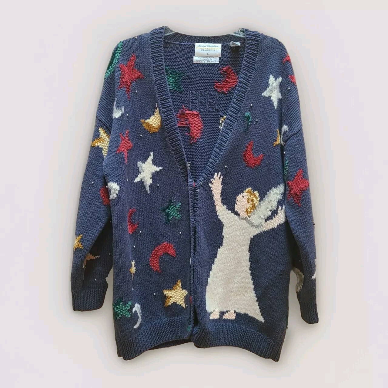 Vtg Marisa Christina Christmas Cardigan Sweater Angel Moon Stars Hand Knit Sz L