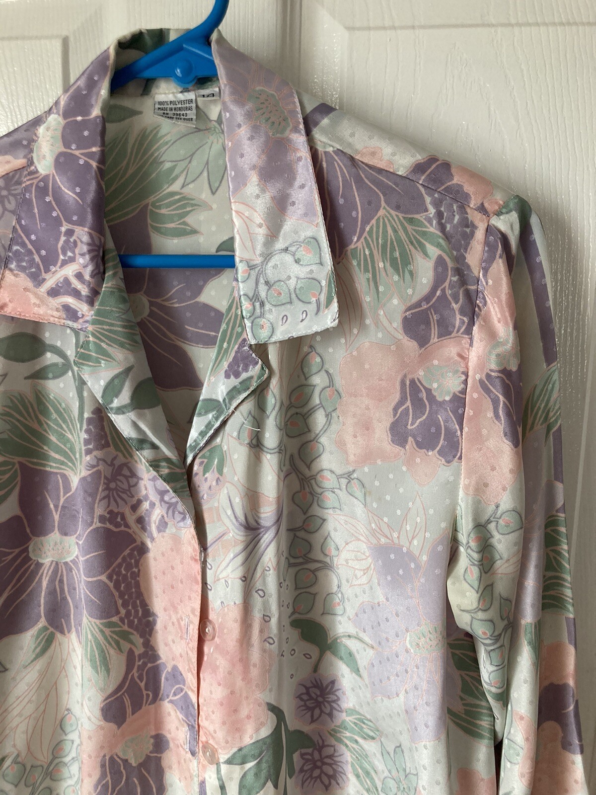 14 Gray Purple Green Floral Top Vintage 1980s Button-down Long Sleeve Blouse
