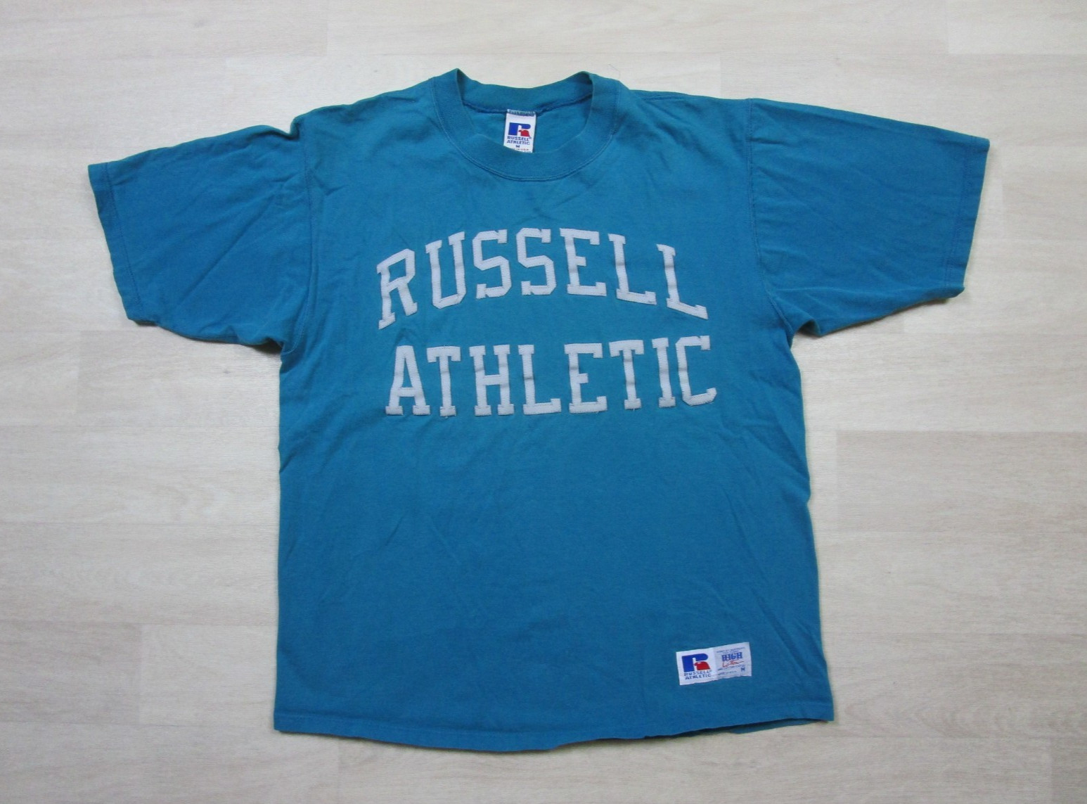 Vintage RUSSELL ATHLETIC Aqua Blue Spell Out Logo T-Shirt (M) Combed Cotton 90s