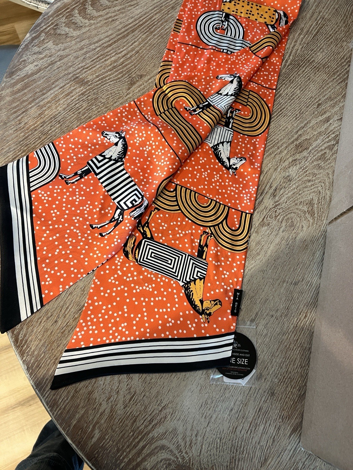 Equestrian silk feel long narrow Scarf in orange, white and Black