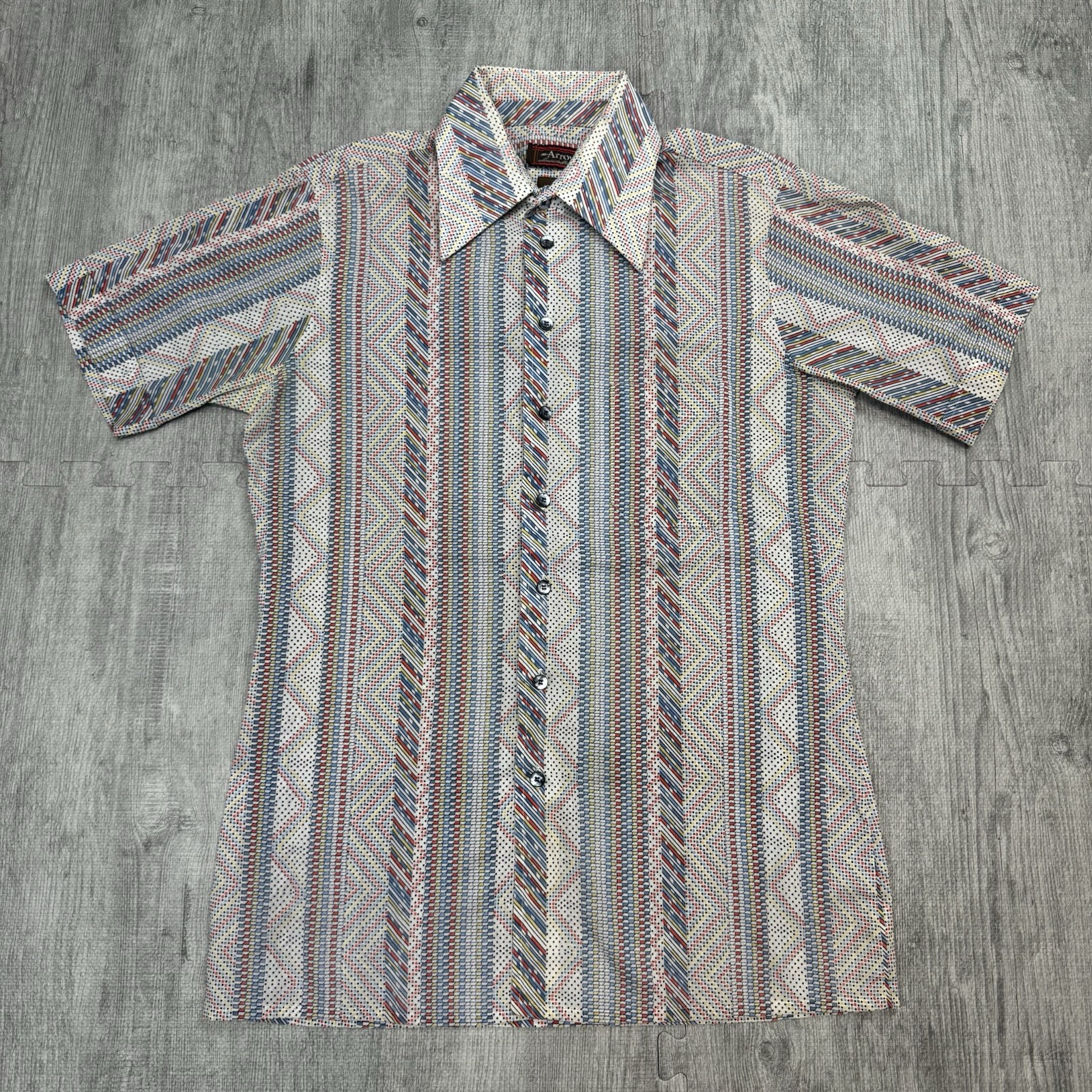 VTG 70S ARROW MENS GEOMETRIC PRINT DISCO MOD ABSTRACT SHORT SLEEVE SHIRT SZ M