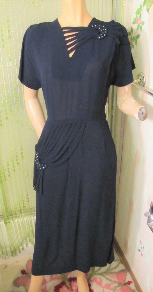 VTG 1940s Samuel Groner Original Navy Blue Rayon Draped Dress Rhinestones 28W