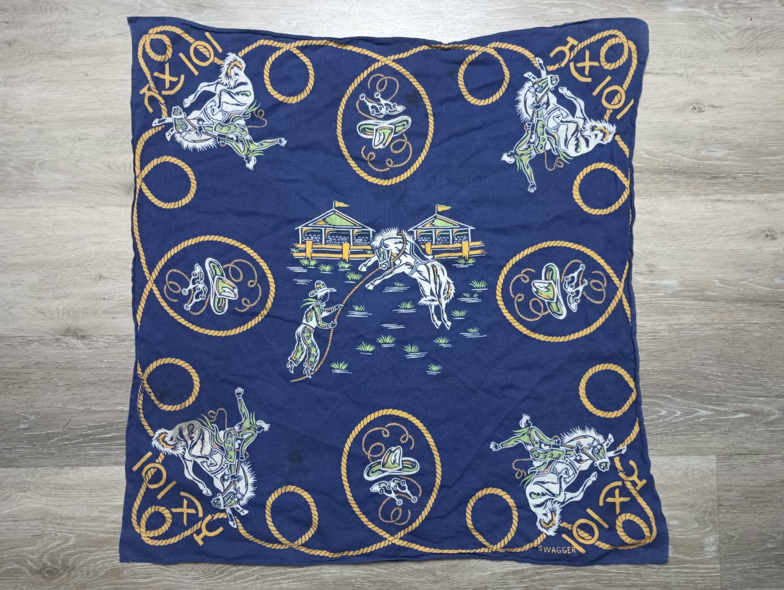 vtg 50s Swagger Bandana Western Cowboy Cotton Navy Blue and Gold 24.5 Corral USA