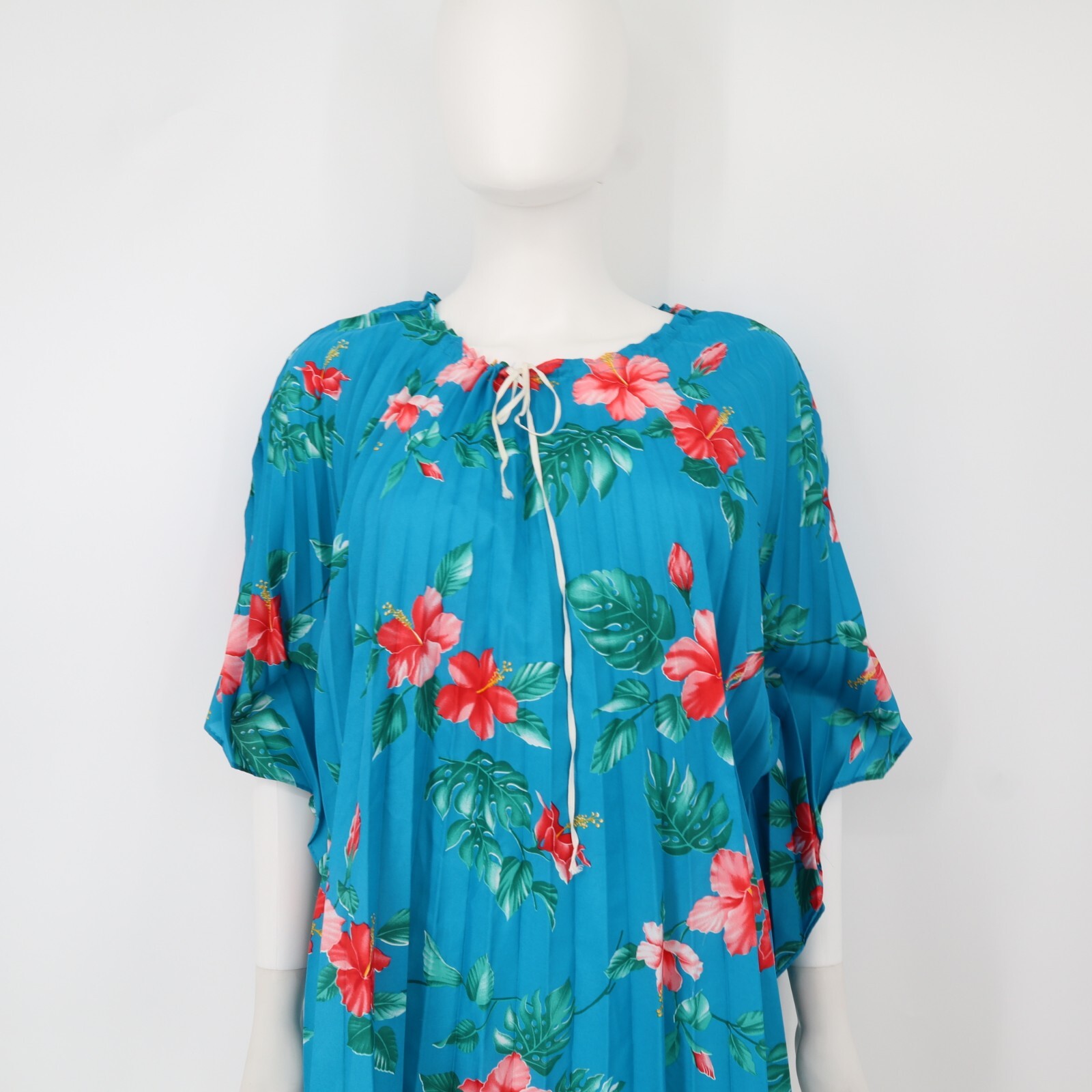Vtg 70s Greencastle Barkcloth Top Tunic Accordion Pleats Hawaii Blue Floral O/S