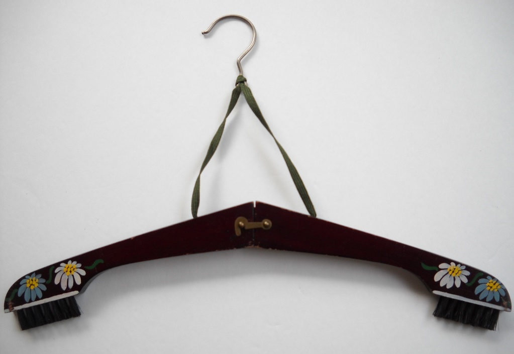 VINTAGE HAND-PAINTED WOODEN FOLDING SUIT, COAT CLOTHING HANGER LINT BRUSH, JAPAN