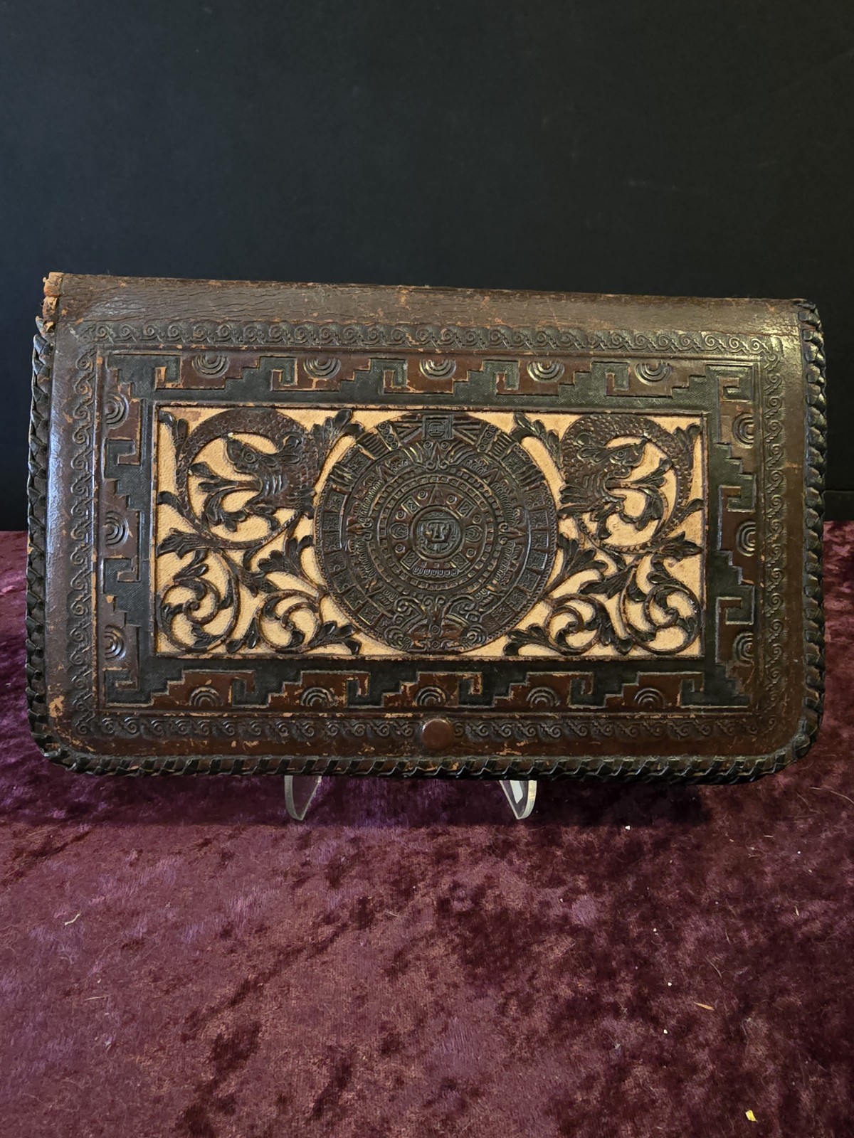 Vintage Hand Made Mayan Calendar Bag Case Purse Wallet Leather Mid Century