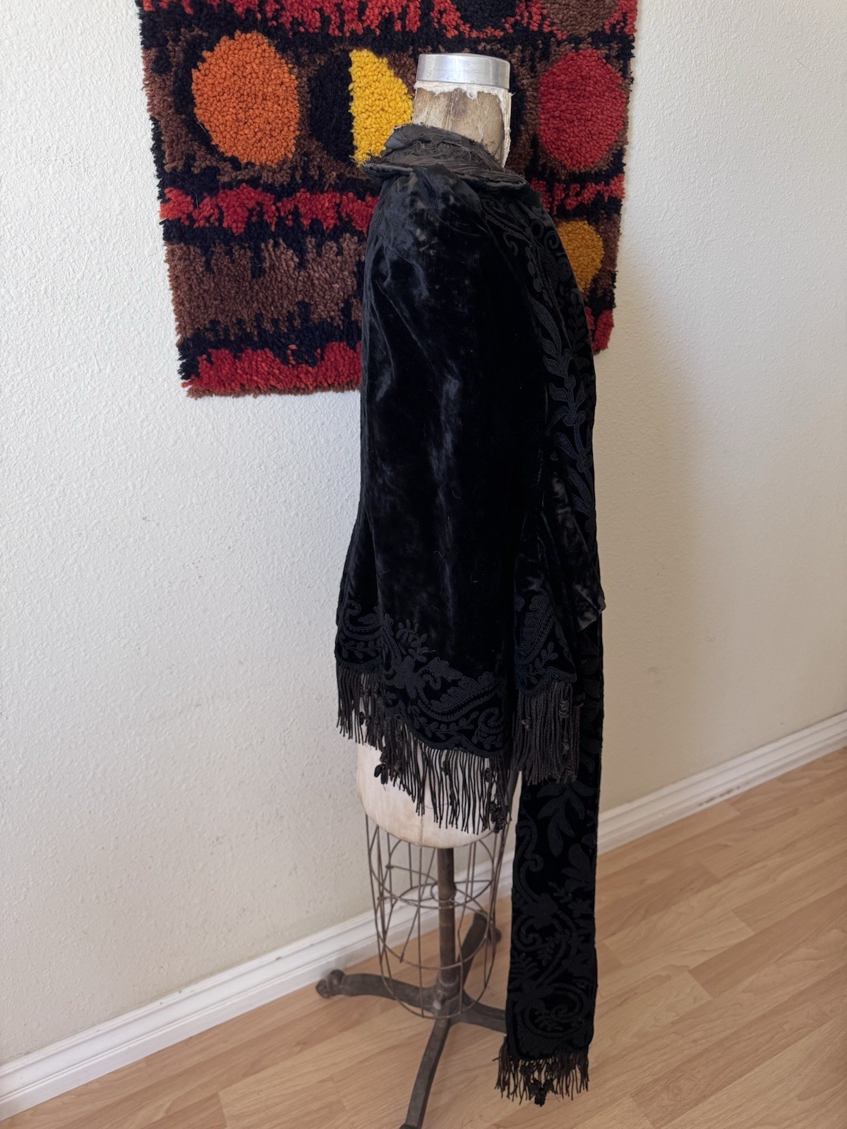 Antique Victorian Black Velvet Embroidered Fringe Cape Jacket Puff Sleeves