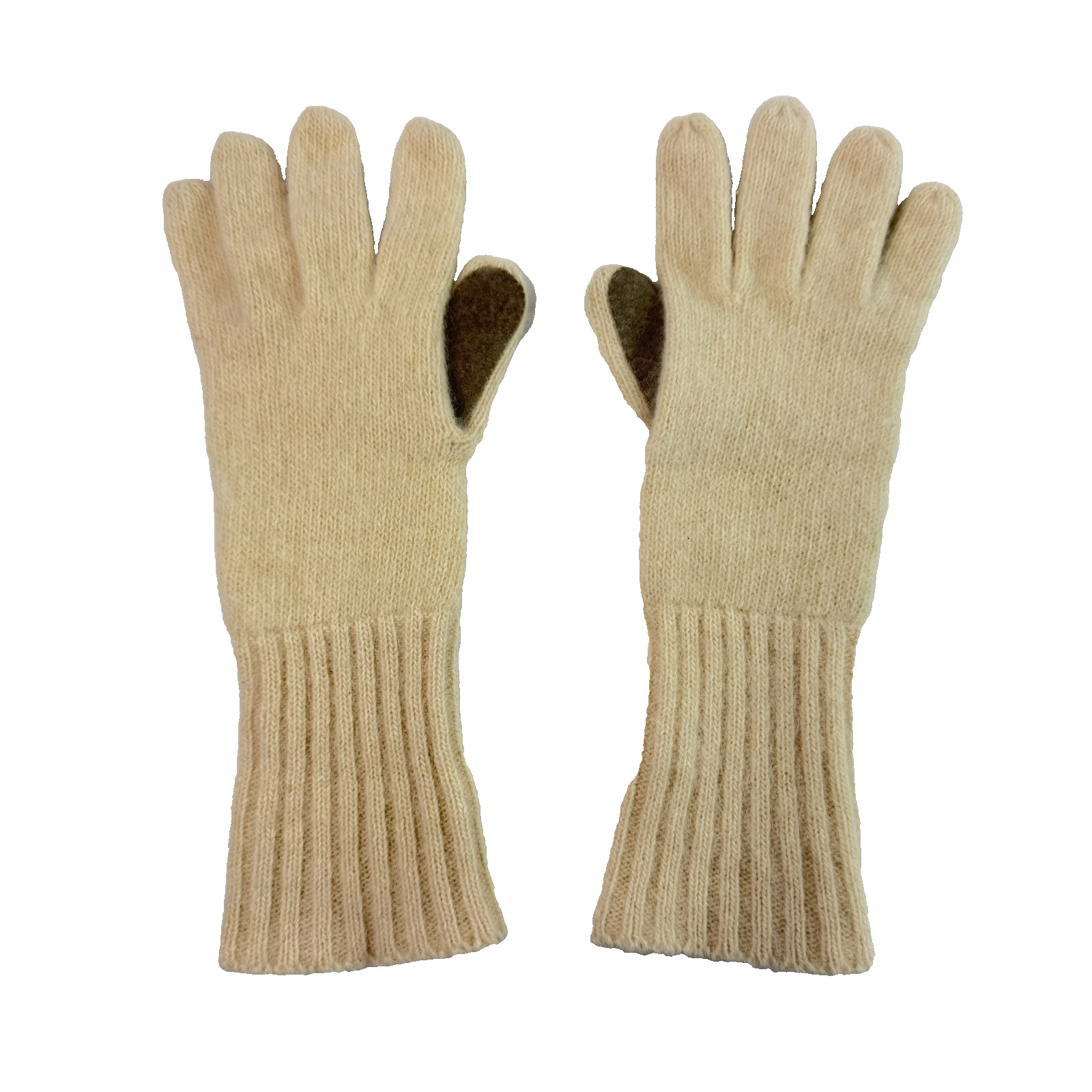 Vintage Womens Knit Gloves Angora Wool Blend Cream Genuine Leather Palms OS