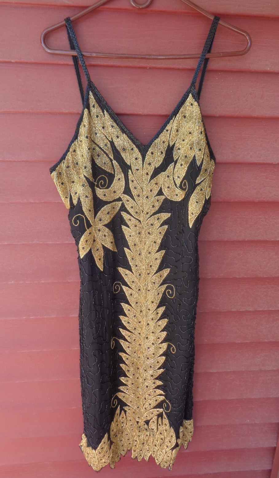 Vintage 80’s BLACK & GOLD BEADED Silk Cocktail DRESS – M / L