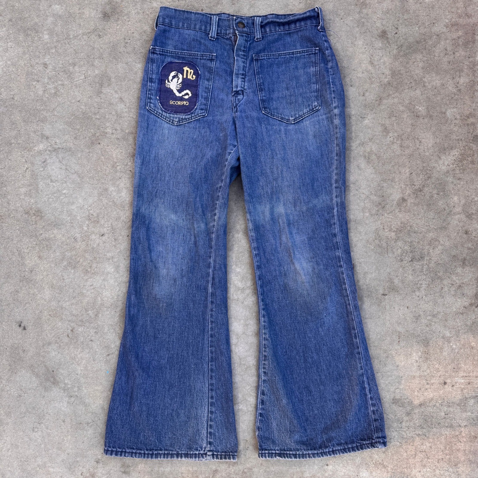Vintage Big Yank 70s Bell Bottom Flared Jeans Scorpio Patch USA Denim 28×27