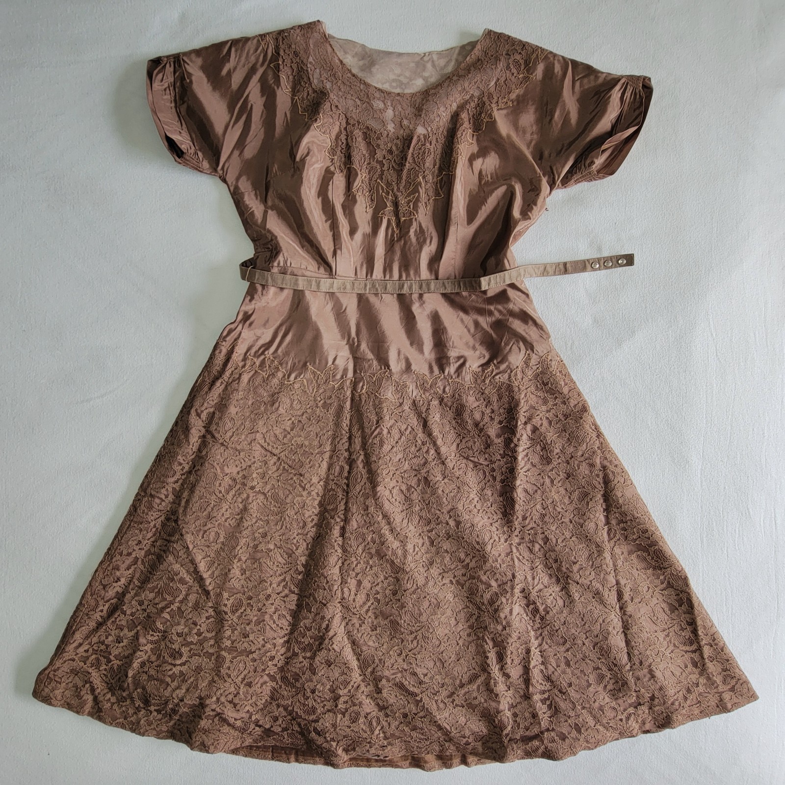 Vtg 50s Styled by Ruxton Brown Satin & Lace Fit Flare Cocktail Dress MCM S1ze 10