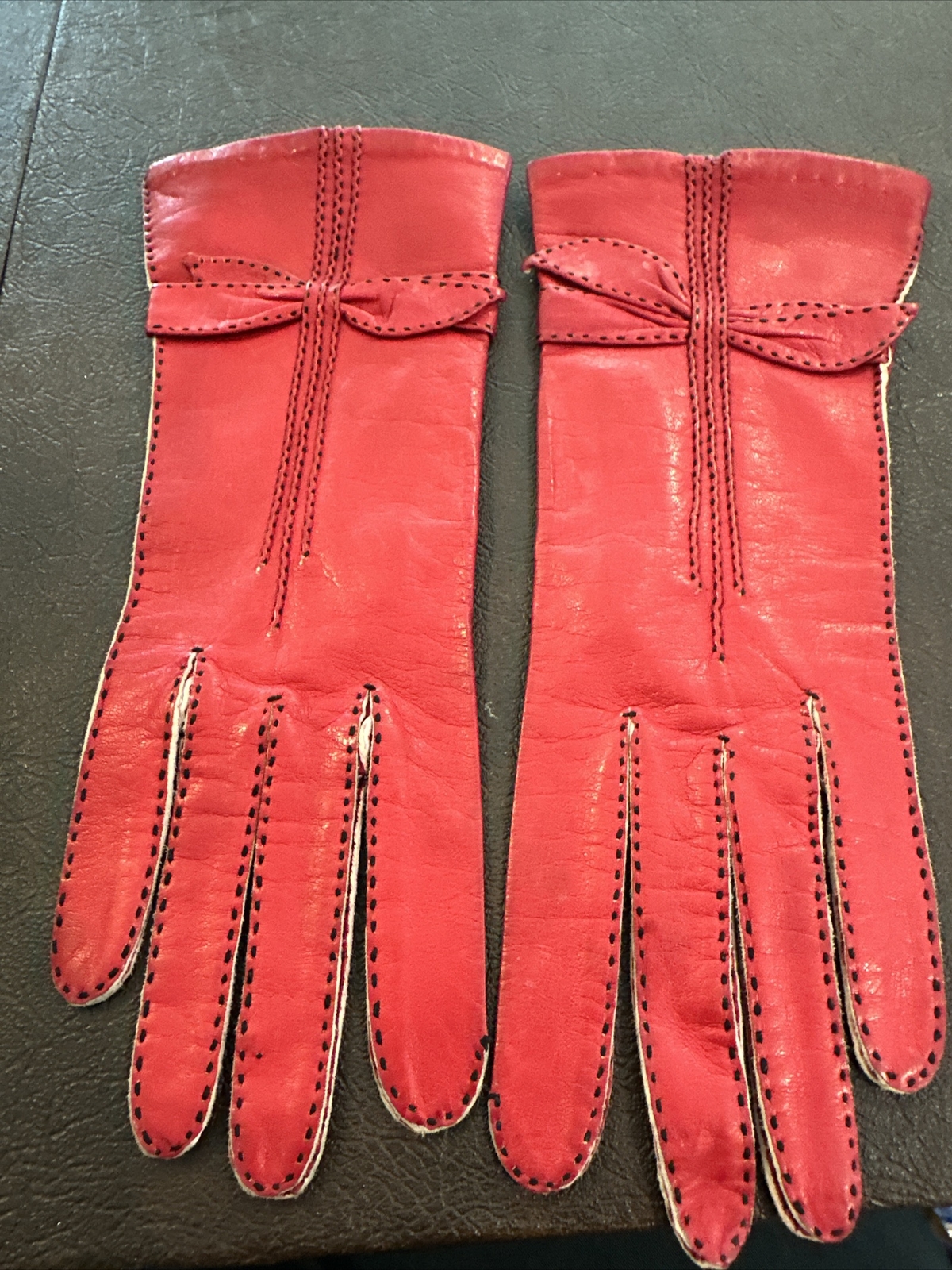 Vintage Size Approx 6.5 7 Black Stitching Leather Red Formal UnLined Bow Detail