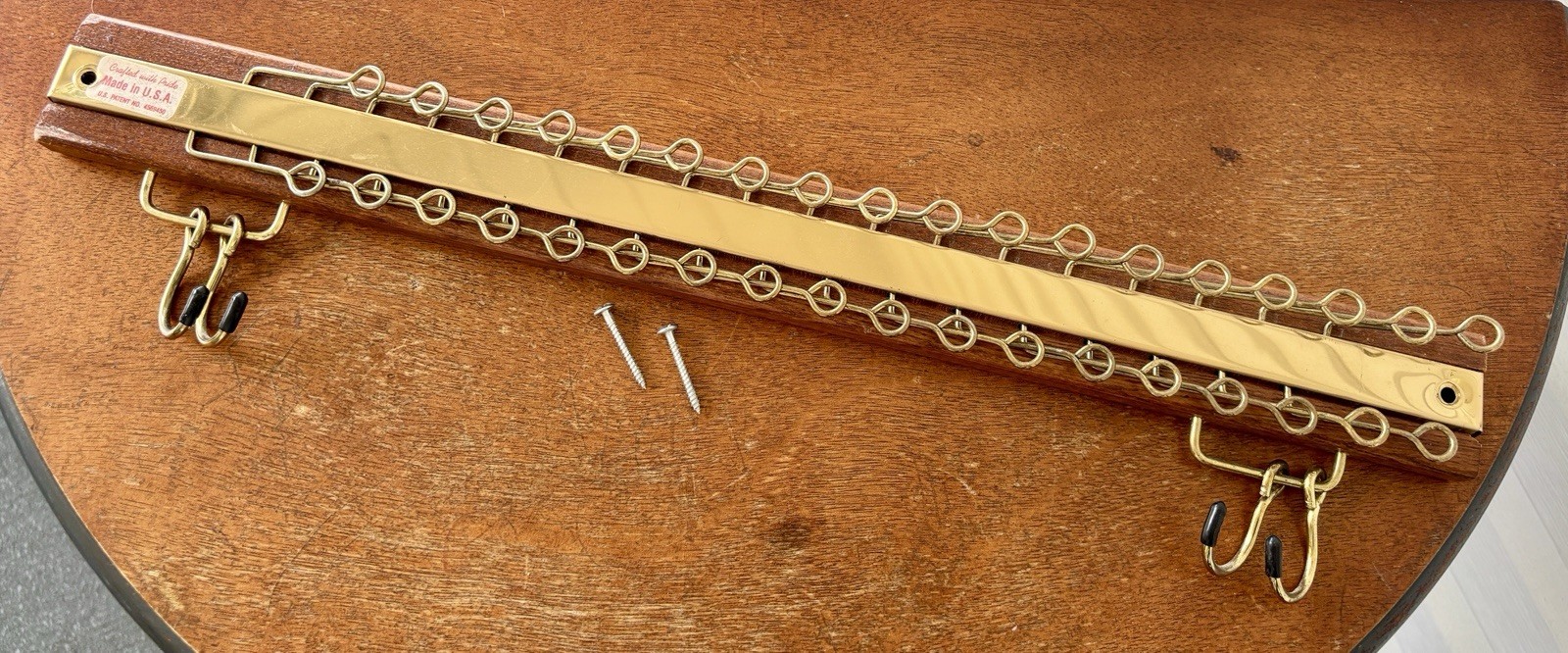 Vintage Wood & Brass Wall Mount 36 Hook Tie Organizer, 4 Hook Belt Rack 18″ USA