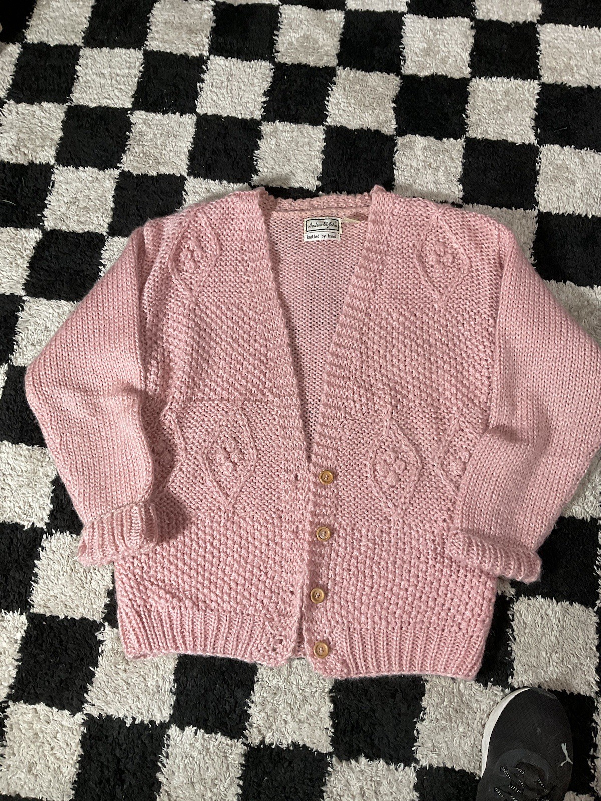 Vintage Andrew St John Pretty In Pink Large Hand Knitted Cardigan