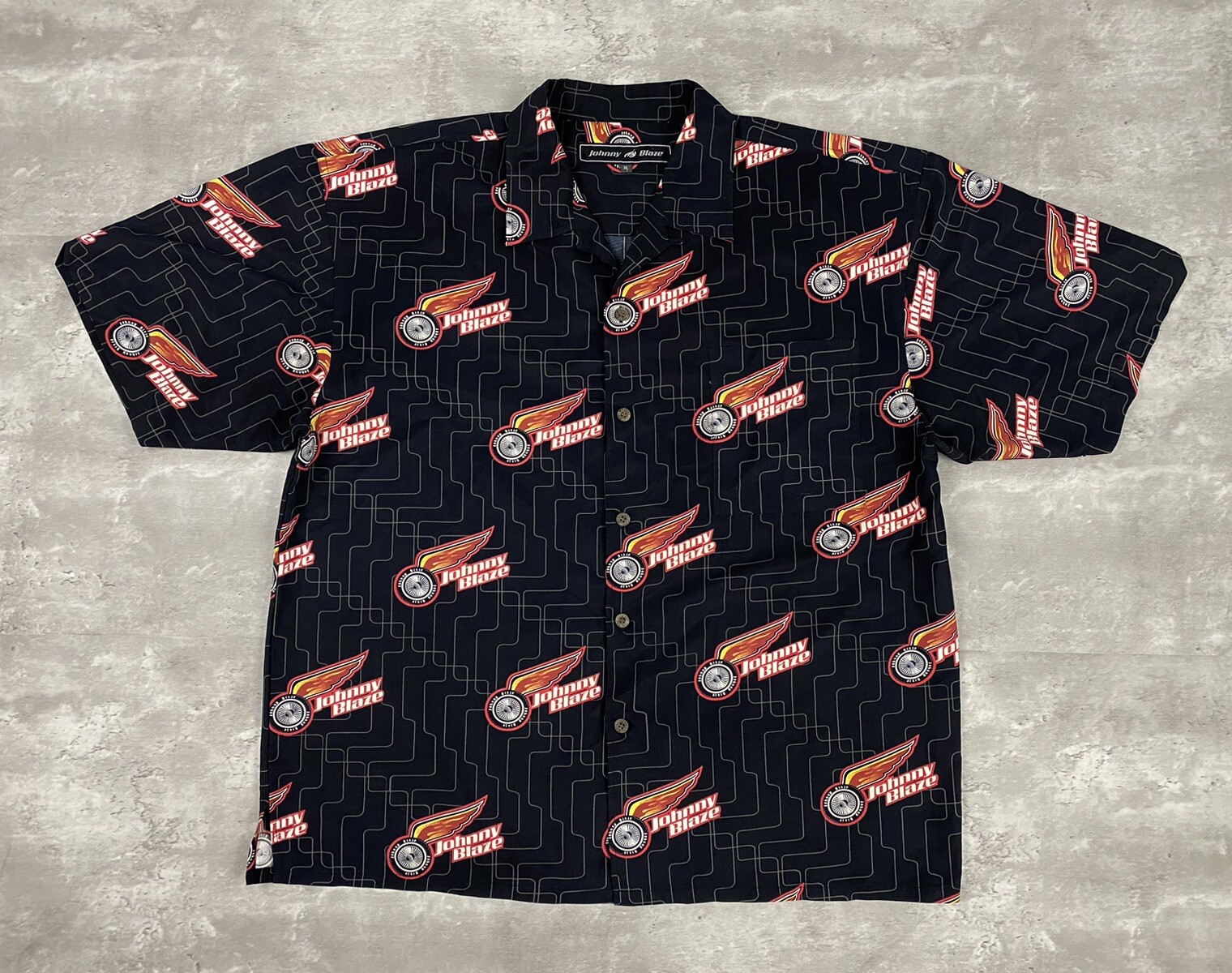 vintage 2000s JOHNNY BLAZE button up shirt XL AOP wheels rims wings y2k street