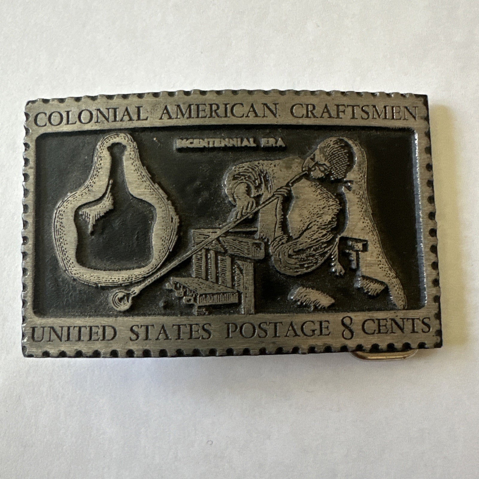 Vintage Solid Pewter Colonial American Craftsmen US 8 Cent Stamp Belt Buckle