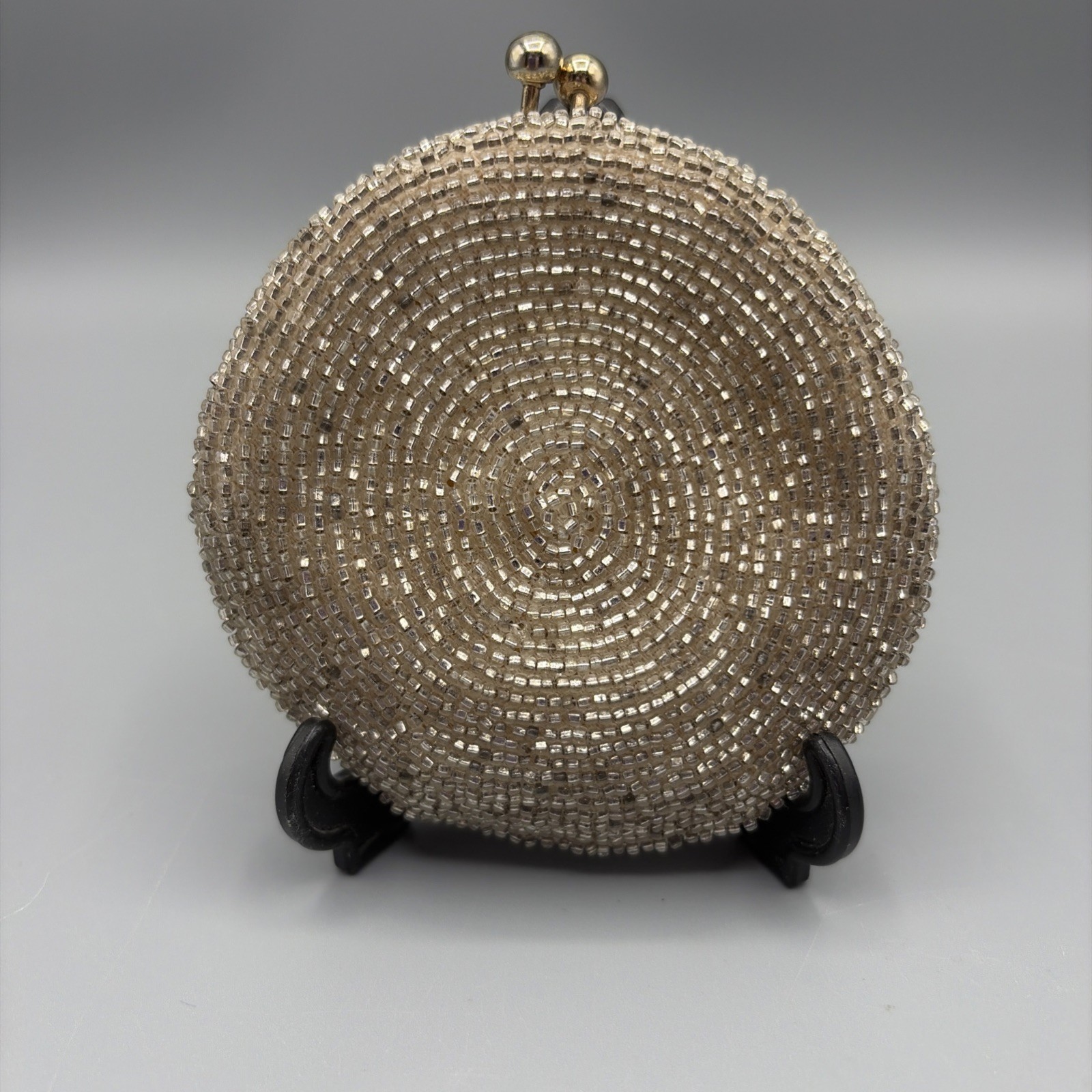 Vintage Glass Seed Bead Silver With Pink Flower Coin Change Purse Kiss Lock