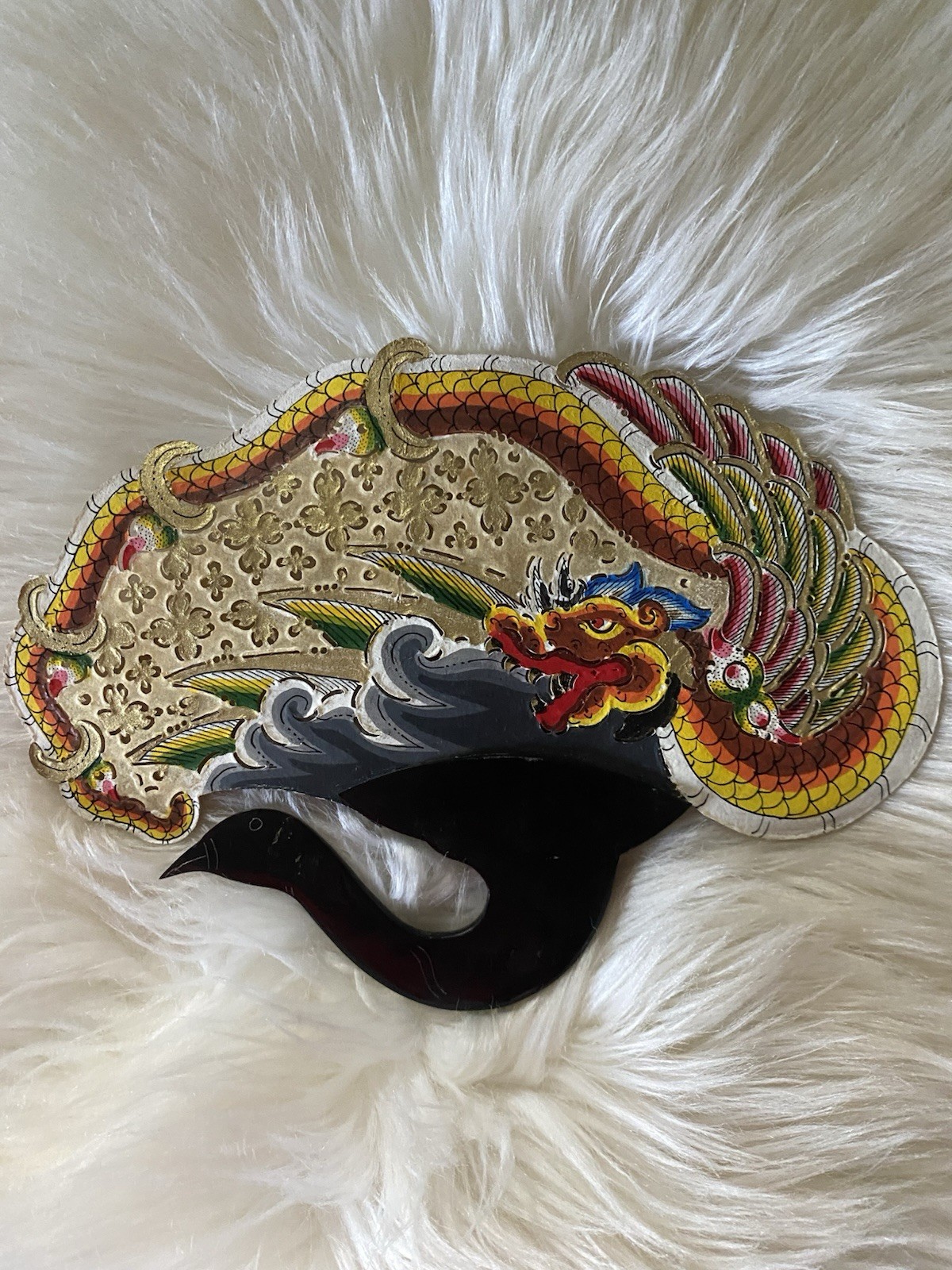 VTG Chinese Leather Painted Dragon Hand Held Fan Non-Folding Defense Handle OLD