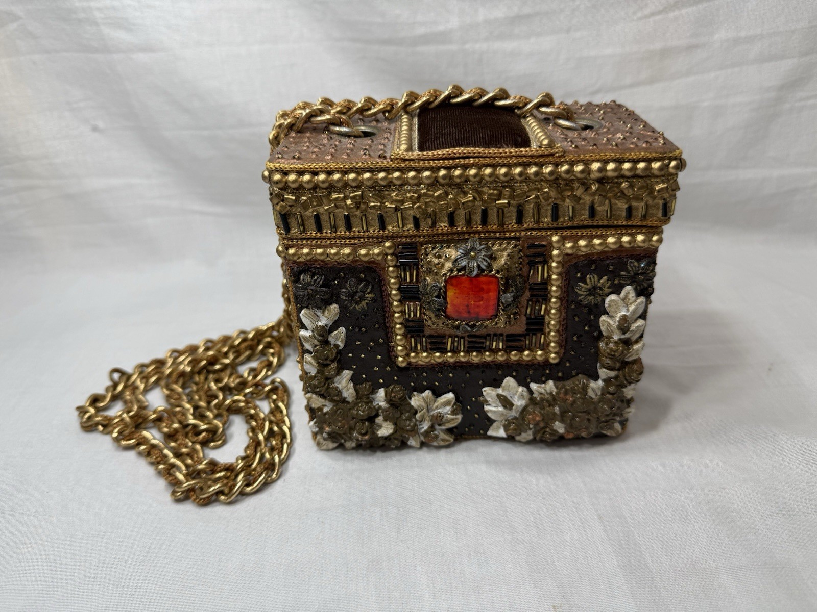 Mary Frances Victorian Style Vintage 1990s Embellished And Beaded Gold Mache Bag