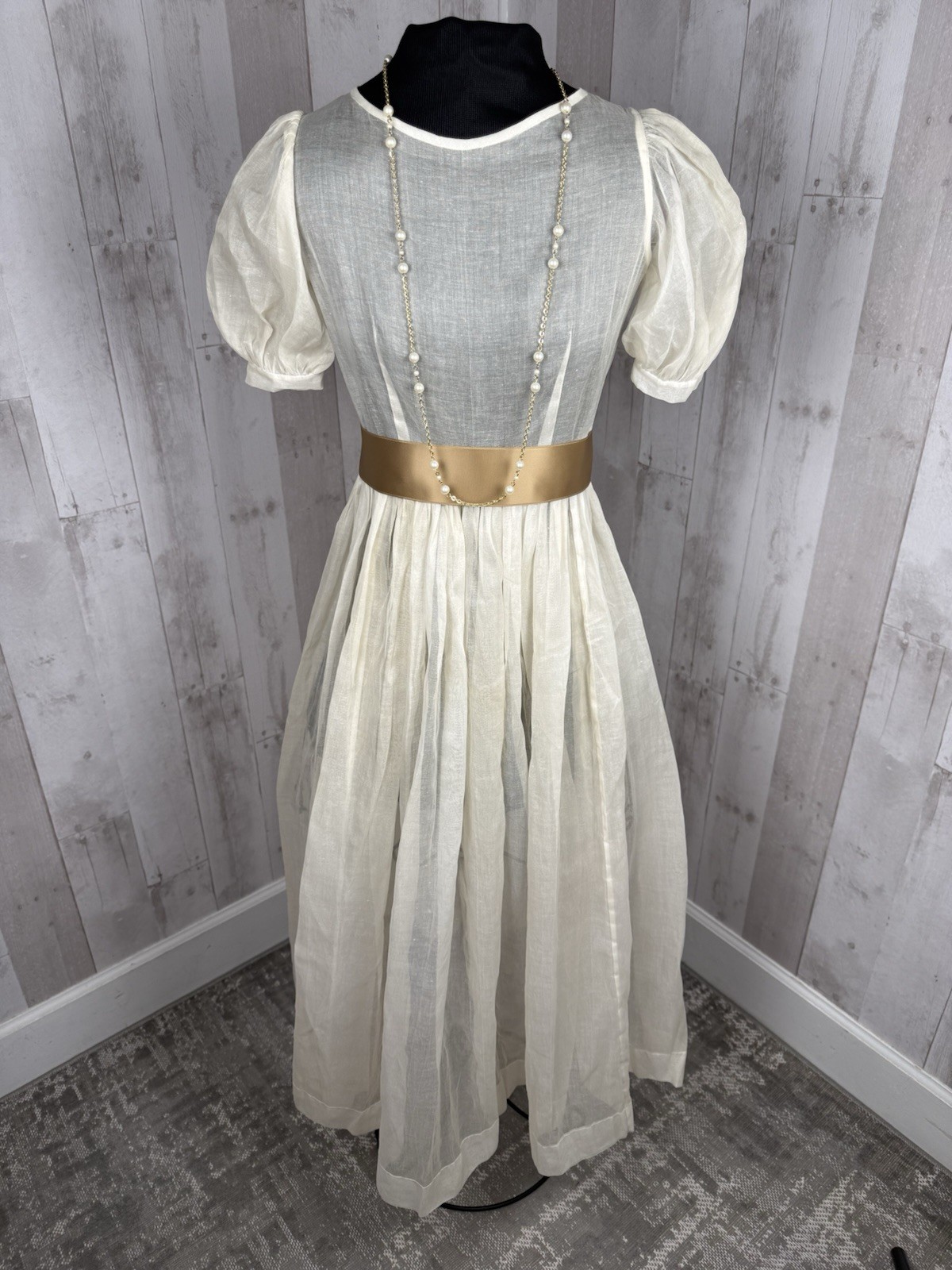 1930s Antique Ivory Organdy Dress – Sheer Organza Gathered Waist Jrs/Girls 29×23