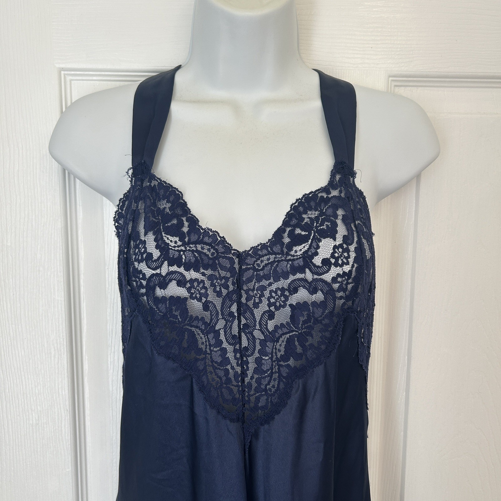 Navy Nightgown Peignor Slip Dress Lace Med 57” Long Full Coquette Fairy Core