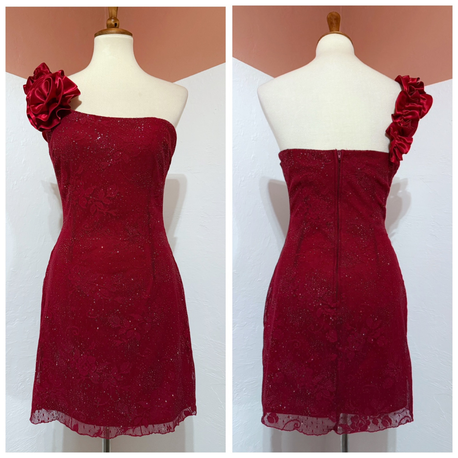 VTG 80s Steppin Out Dress Metallic Red Shimmer Dance Disco Floral Mini Sz 9/10 M