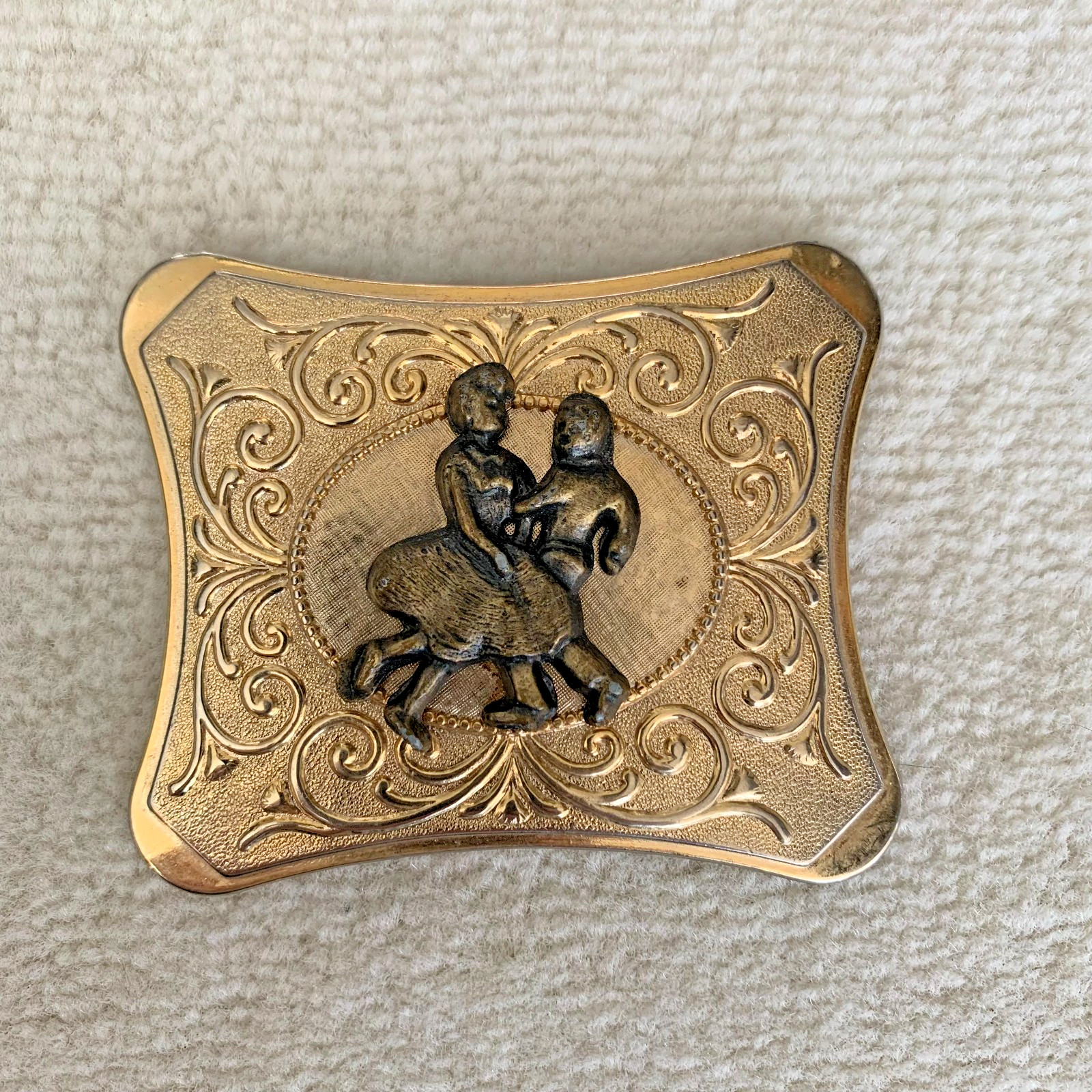 Vintage Belt Buckle Western Square Dancing Couple Gold Toned Retro Country Music