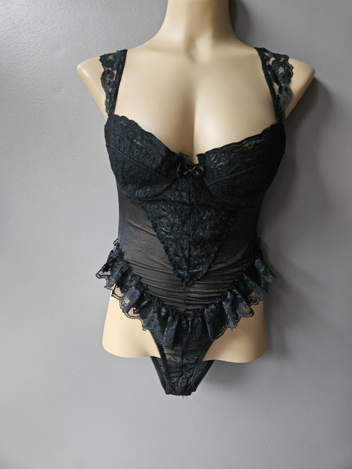 Vintage 70s Satchet Black Lace Mesh Skirt Bodysuit Sexy Lingerie Sz M