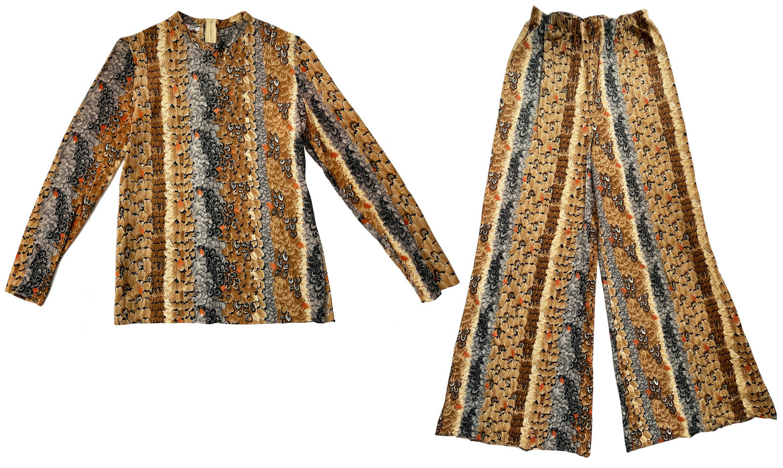 Pheasant Feather Print 2-Piece SET Pants & Top Vintage Sandflower by Weber Sz 10