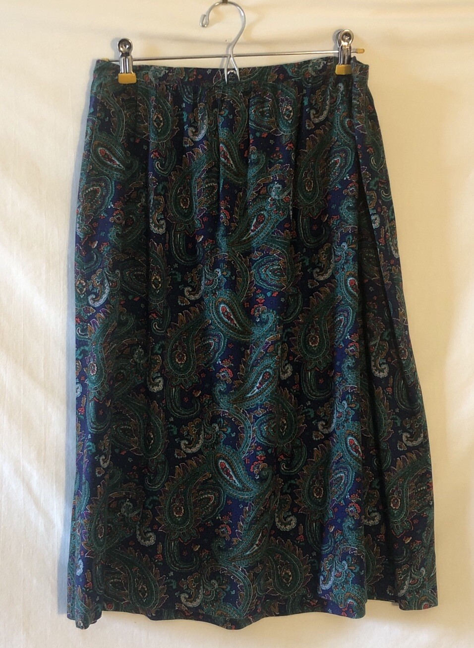 Vtg Womens 28” Waist Handmade Lightweight Blue Green Paisley Midi Skirt Zip Up