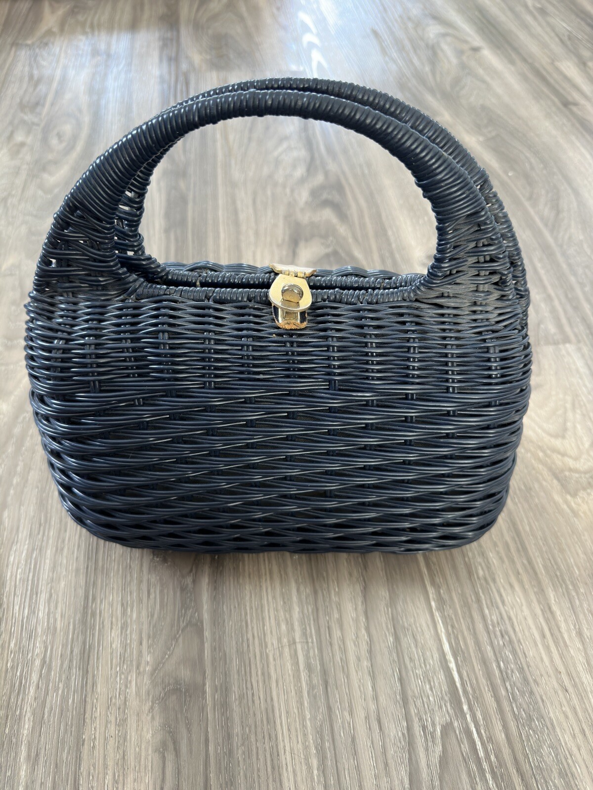 vintage Blue 60s wicker & brass handbag purse lesco lona