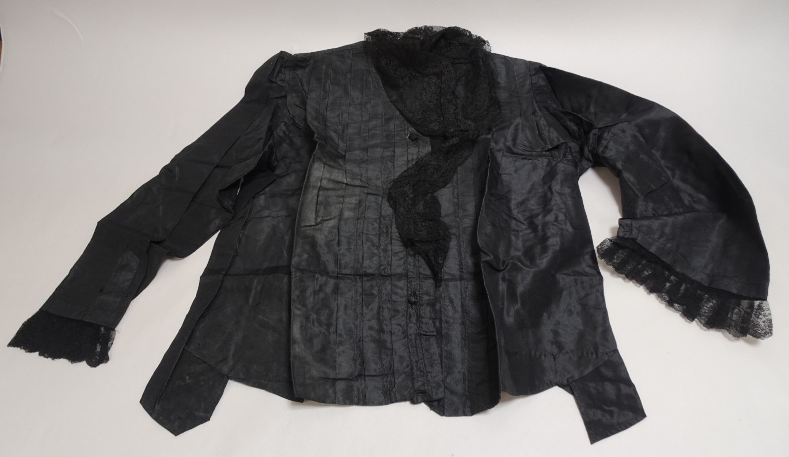 Vintage Black Blouse Petite Lace & Satin Button Pleated Front & Back Victorian