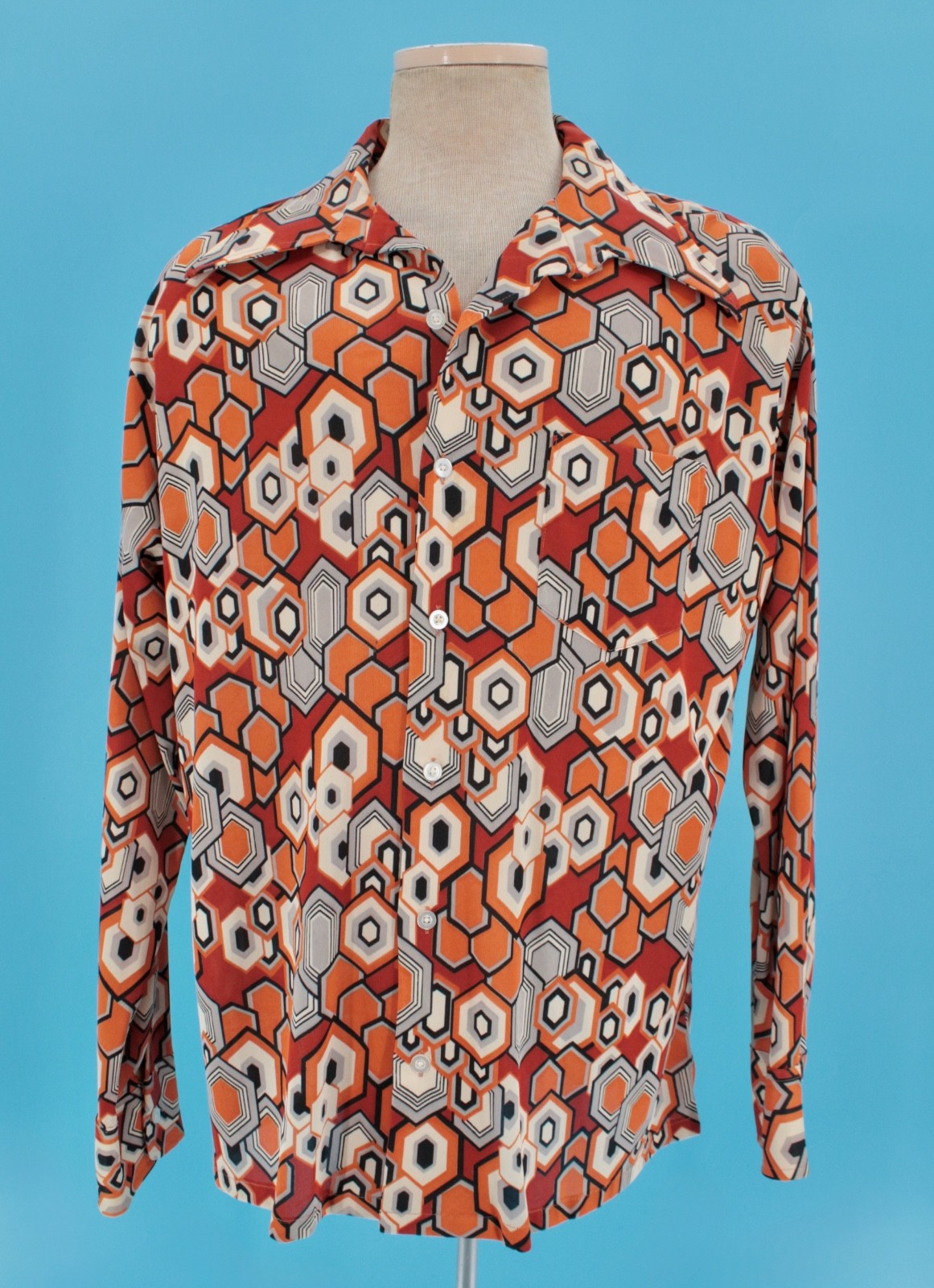 Men’s VTG 70s Orange & Black Geometric Pattern Polyester Shirt XL 1970s Disco