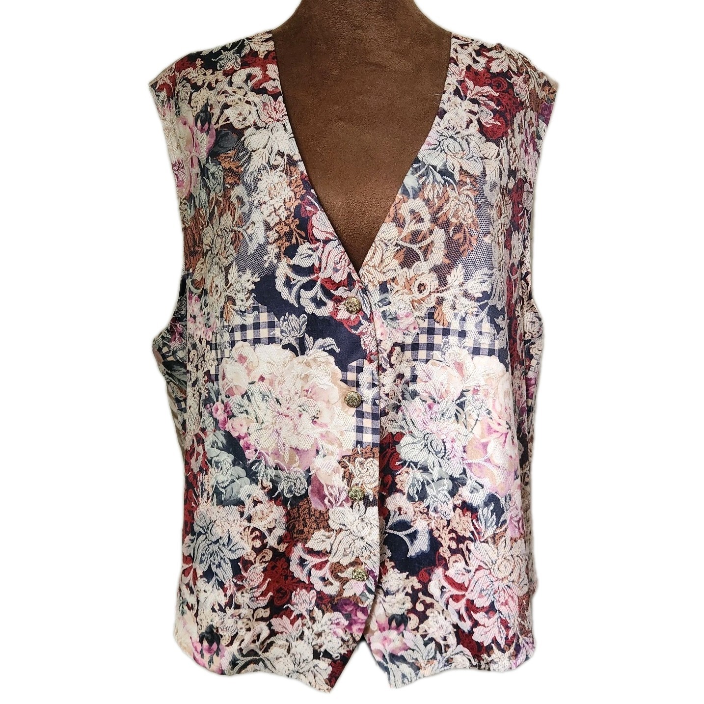 Vintage 80s YOU NIQUE Vest Cottagecore Grandma Floral Patchwork Print L Women’s
