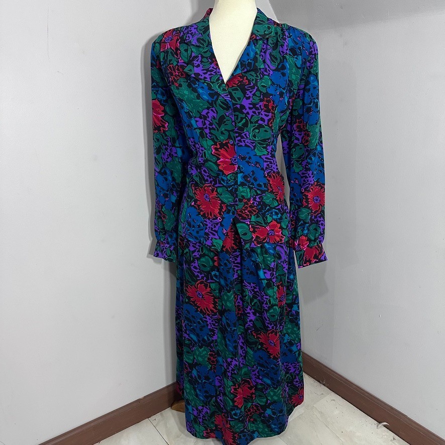Vintage 80s Jerri Sherman Silk Wool Floral 2-Piece Miidi Skirt Set Large Bloom