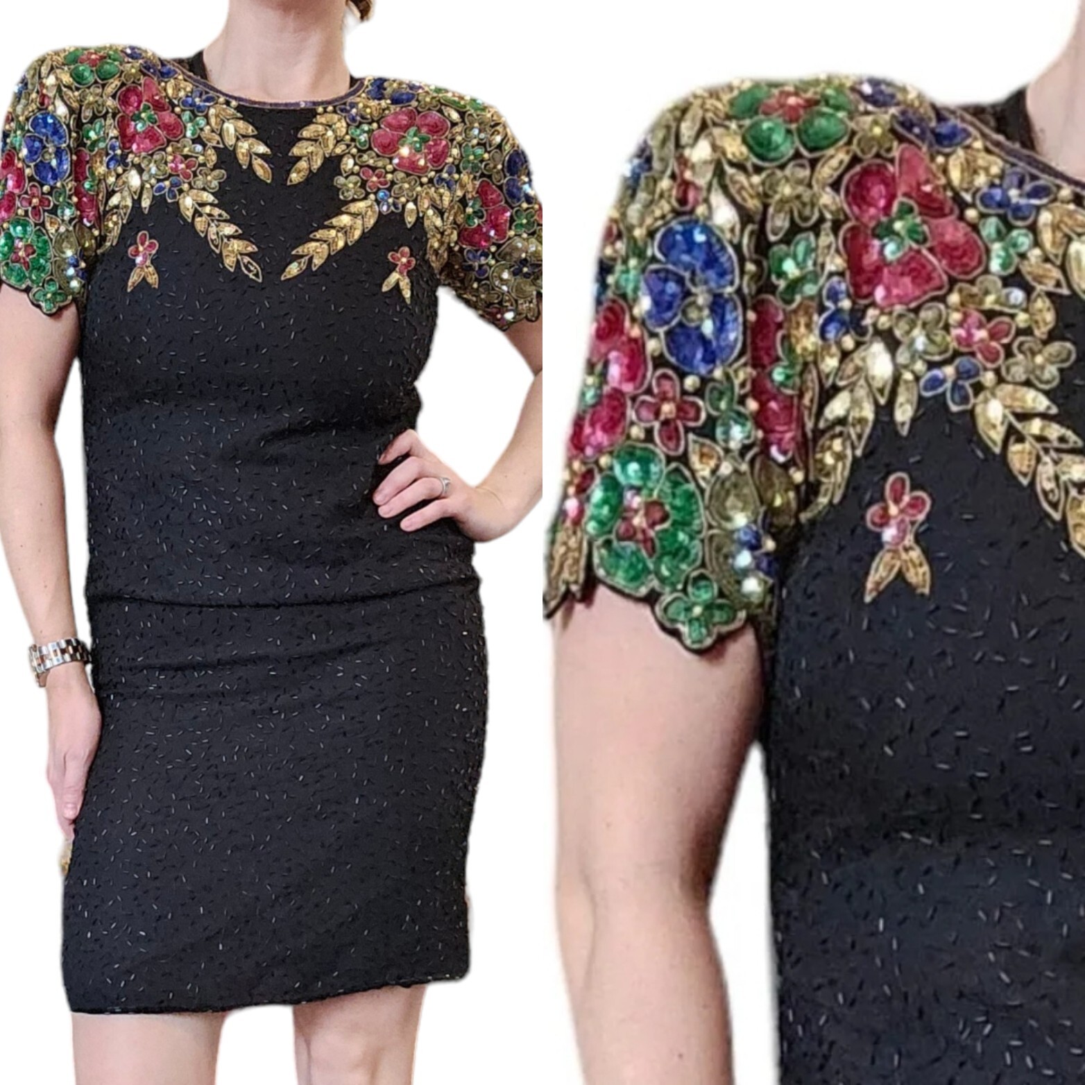Vintage 80s Size 6 Black Cocktail Dress Beaded Sequins Floral Metallic LBD Silk