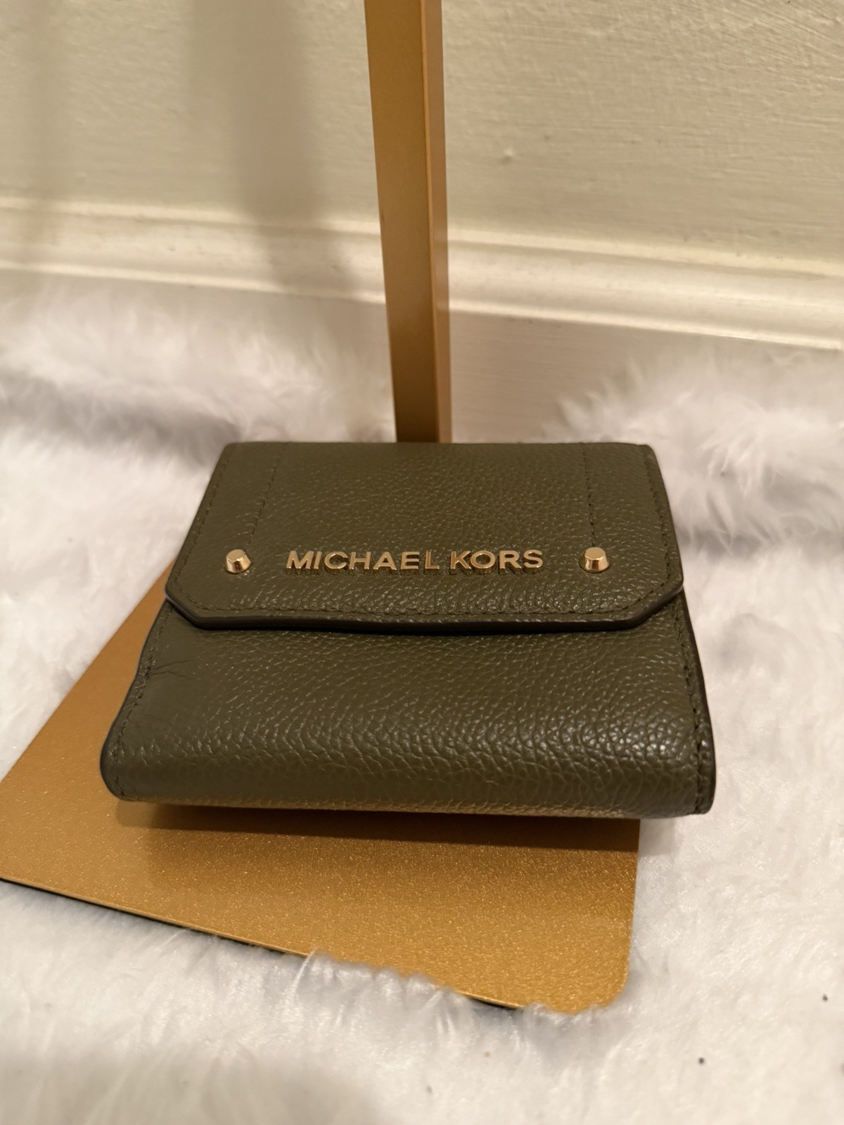 Michael Kors Hayes Small Tri-Fold Wallet Olive Green Pebbled Leather Gold Logo