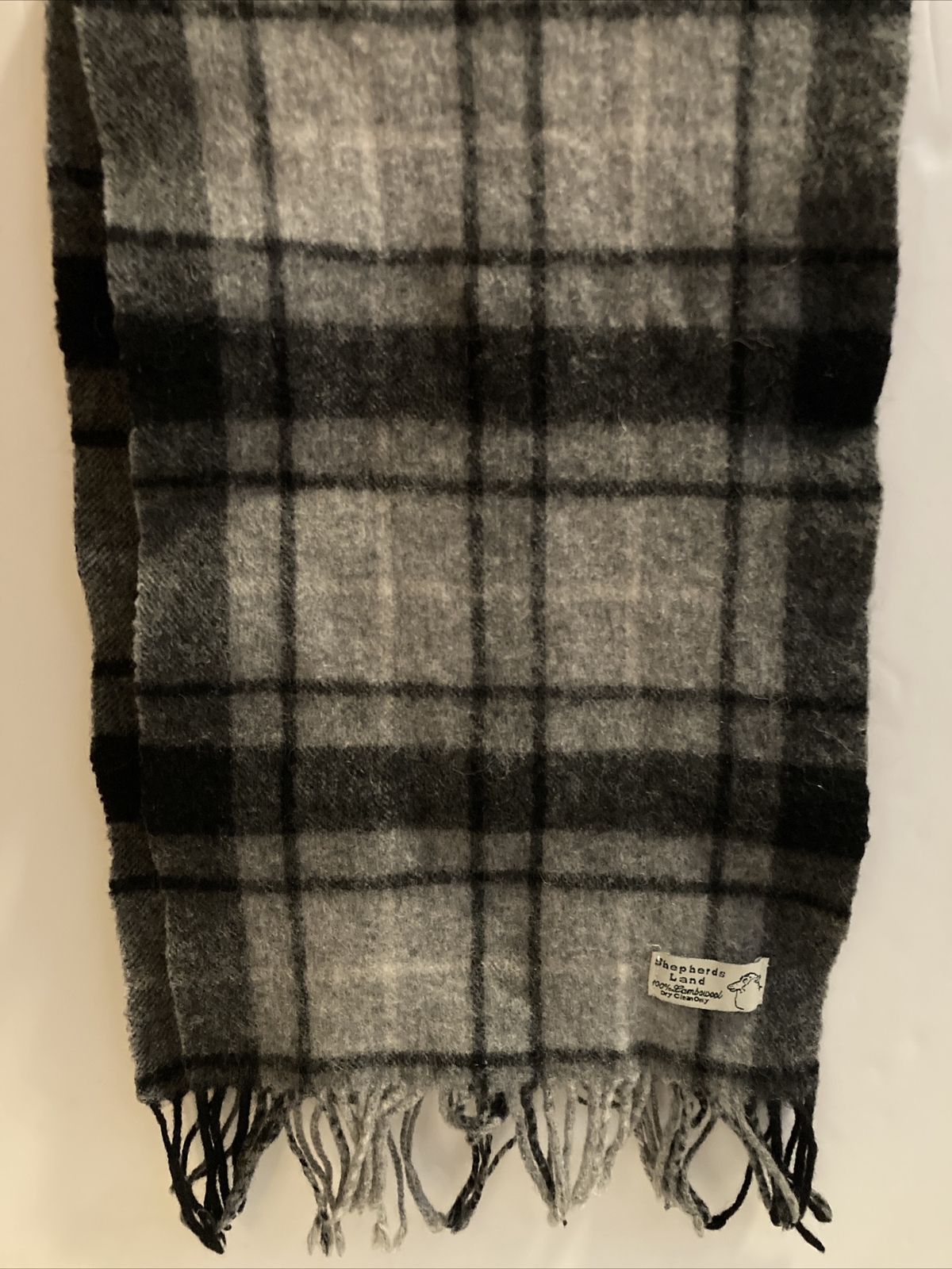 Shepherds Land Unisex Tartan Lambswool Scarf With Fringe 54.5”Lx10”W Black/Gray