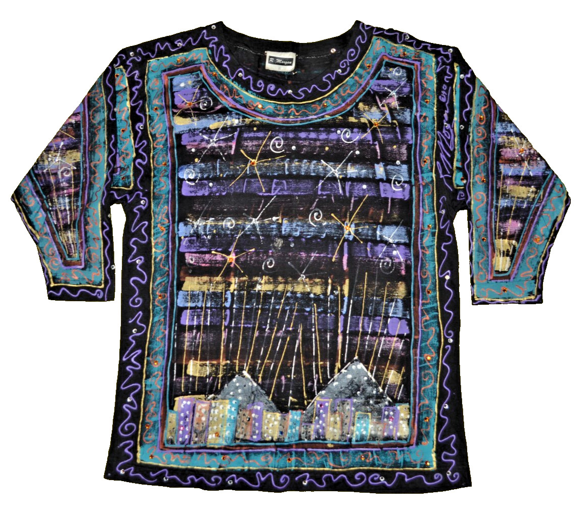 Vintage R. Morgan Handpainted & Signed 3/4 Sleeve Shirt Women’s XL Made in USA